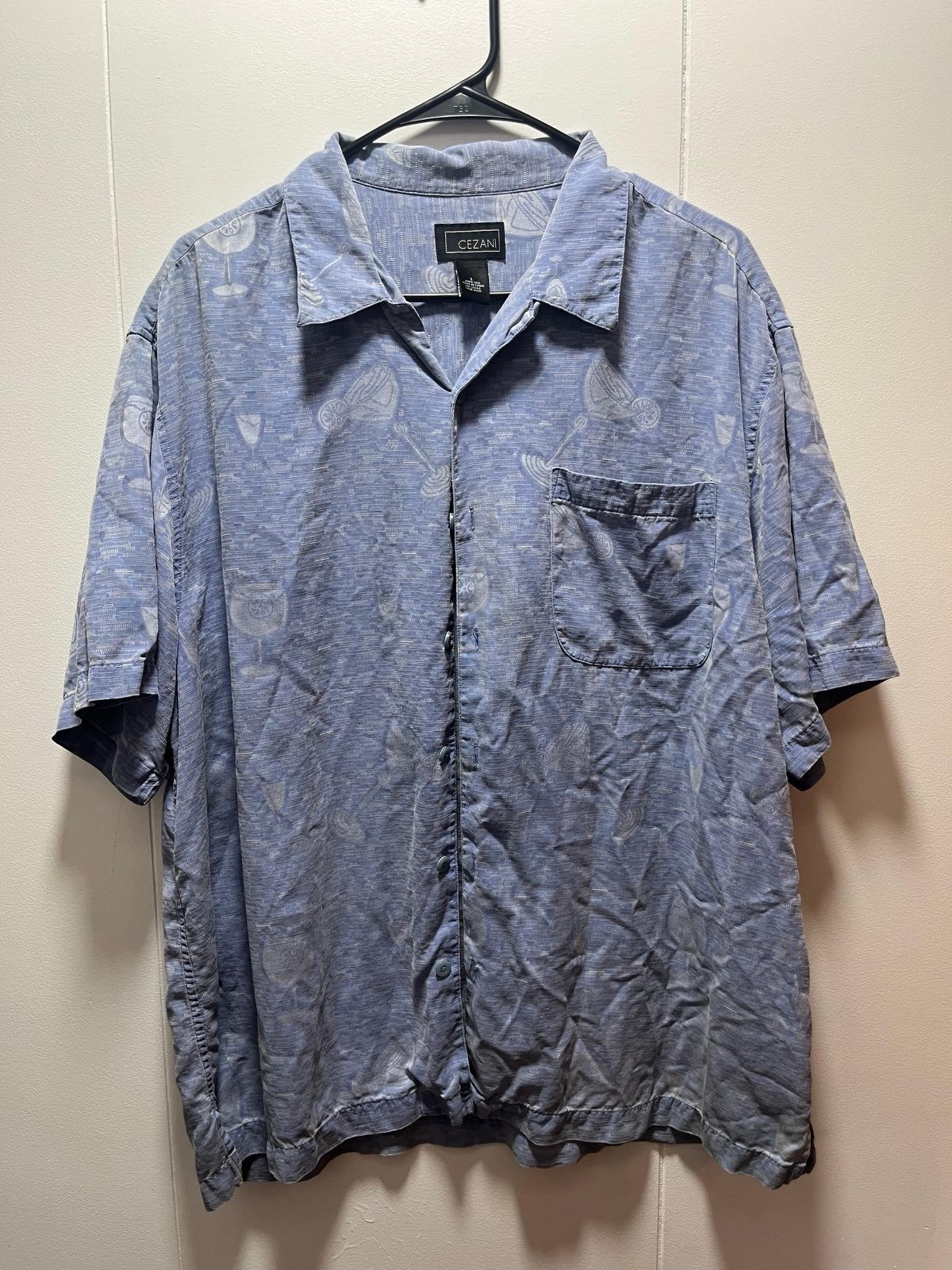 Cezani 100% Silk Tropical Collard Short Sleeve Button Up Shirt Size Large Drinks