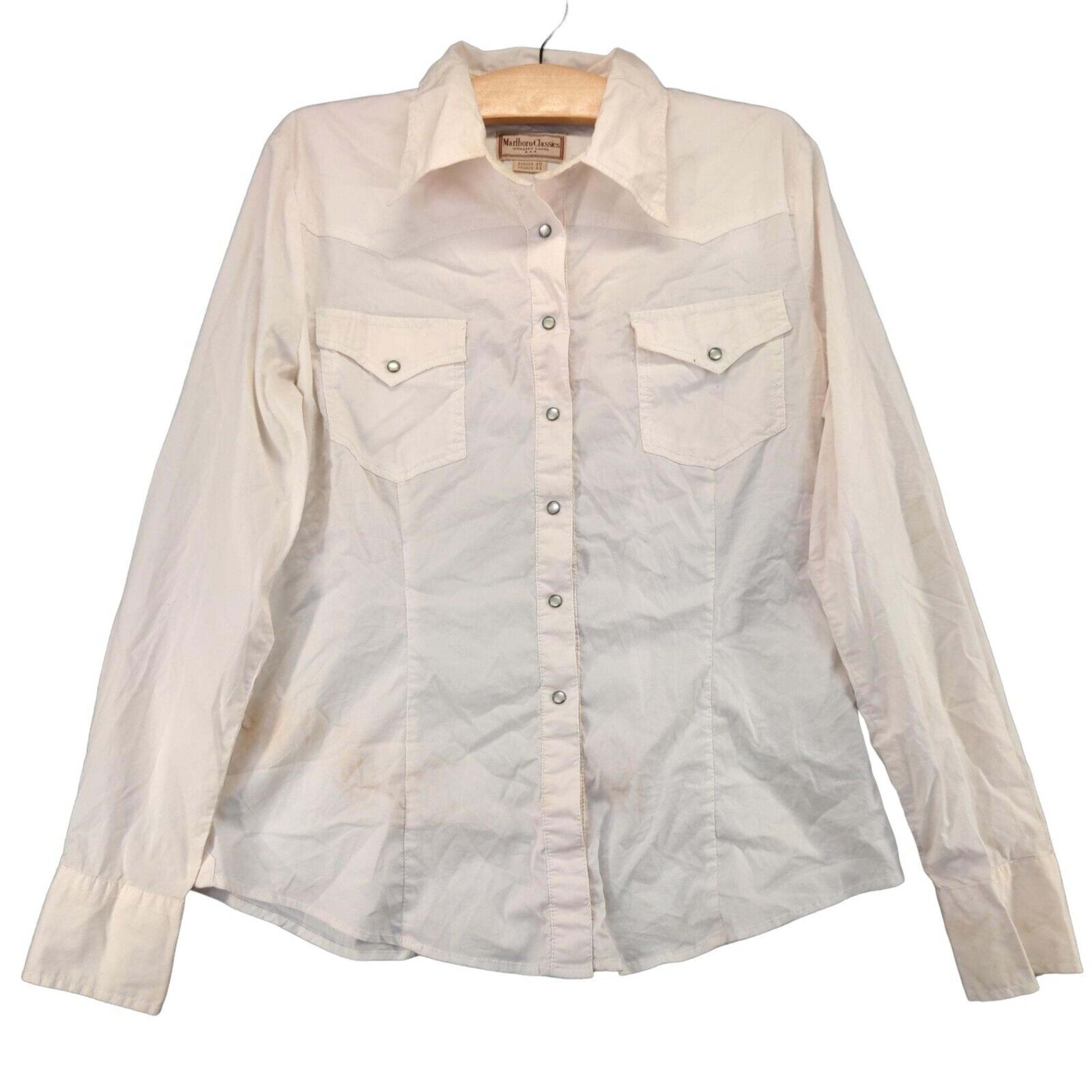 Marlboro Classics Pearl Snap Shirt Mens M Long Sleeve White Chest Pockets