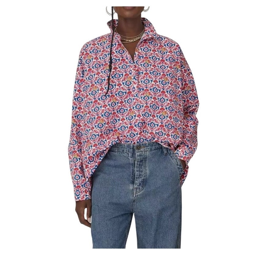 Xirena XS Tesse Top Red Bird Cotton Oversized Long Sleeve Print Shirt Blouse
