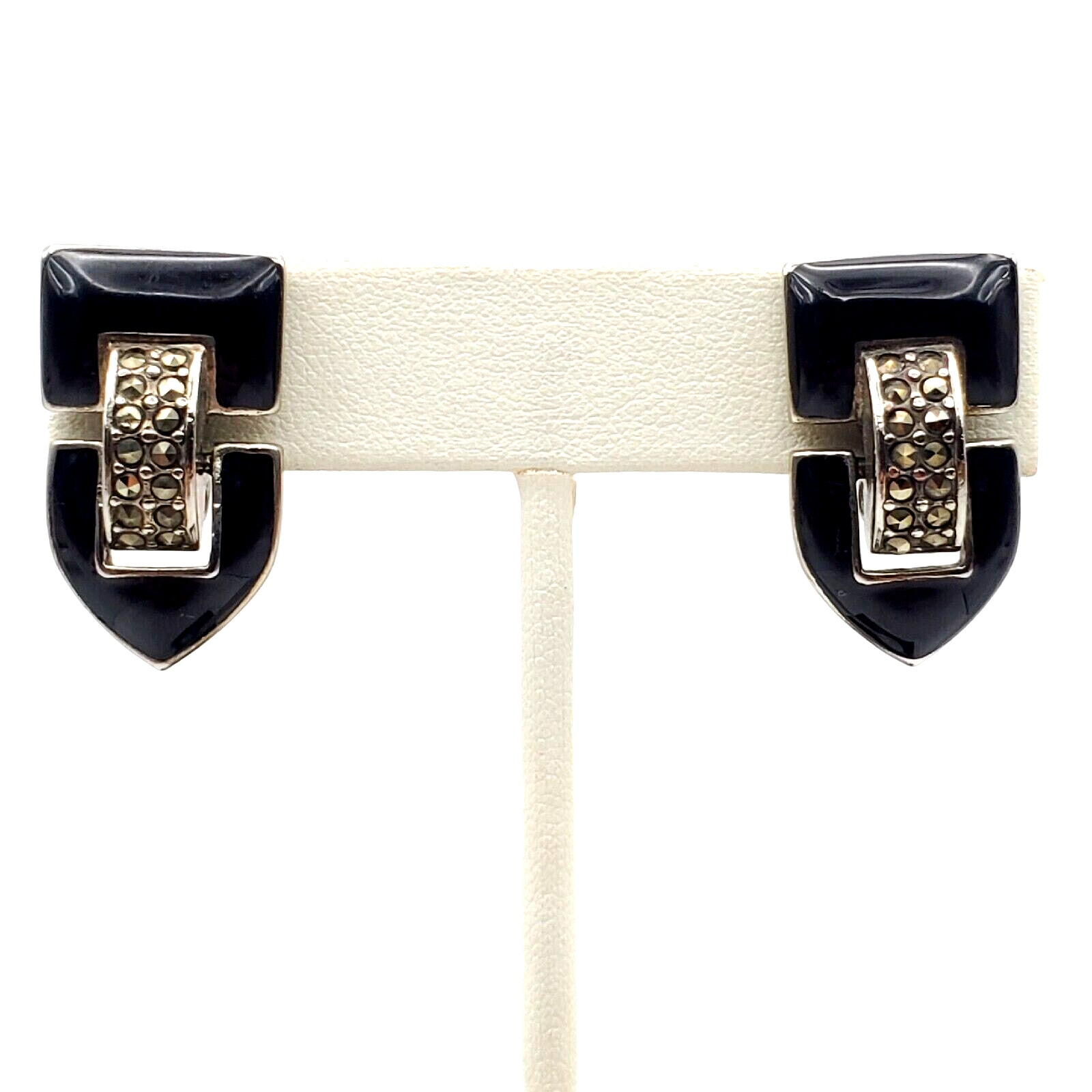 Monet Marcasite Clip Earrings Black Enamel Silver Tone Deco Style Drop Vintage
