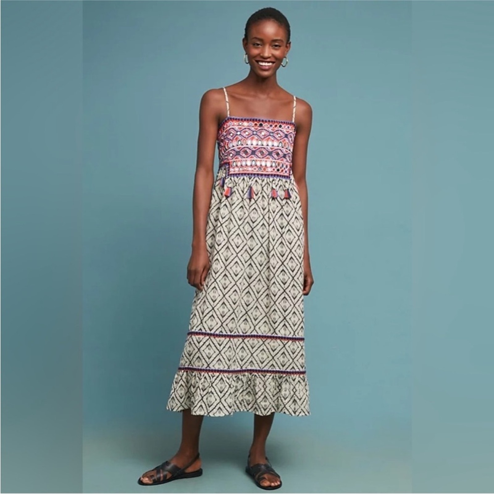 Anthropologie Raga Tesoro Embellished Boho Aztec Midi Sundress SP