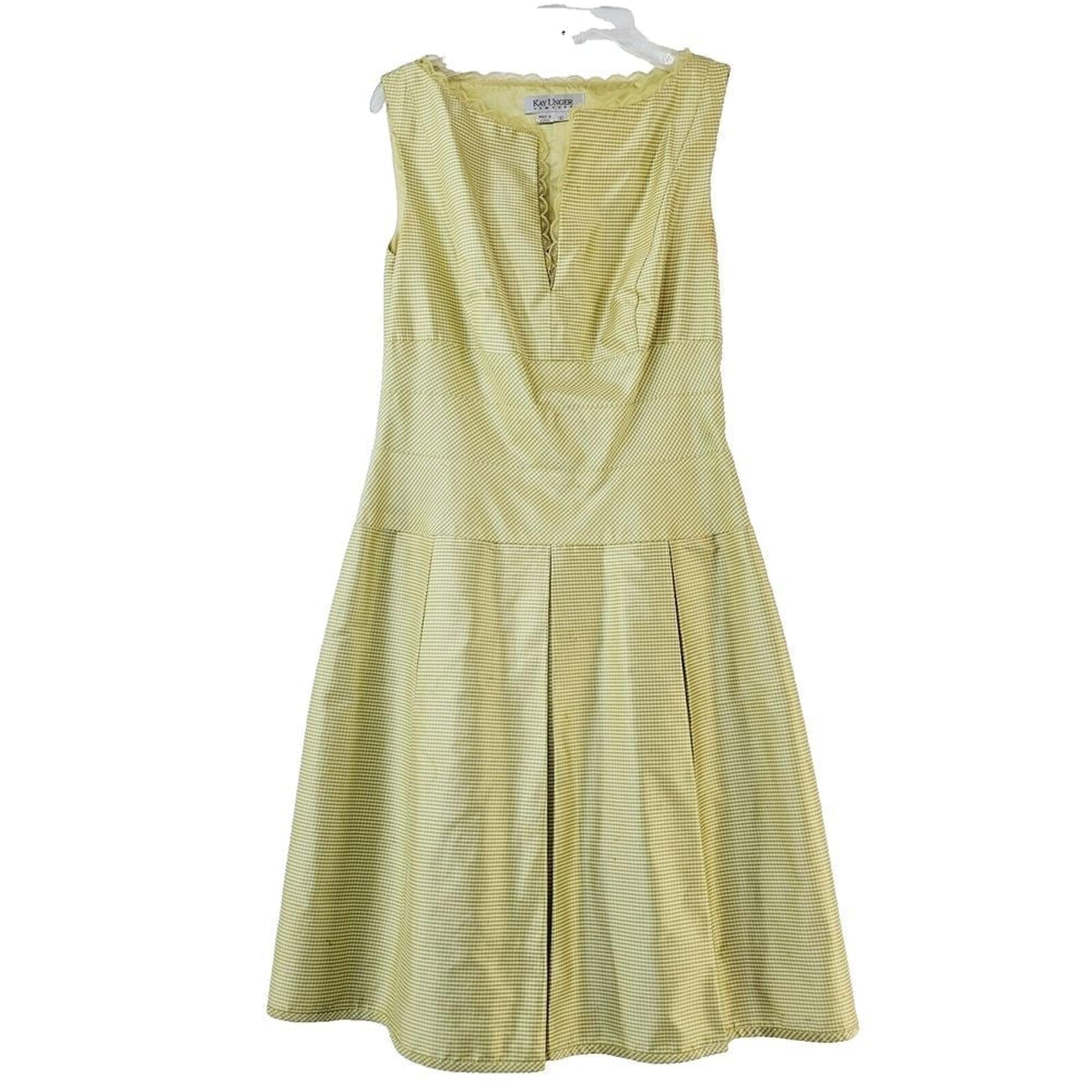 Kay Unger Green Gingham Fit and Flare Dress Women's 10 Side Zipper Closure Midi