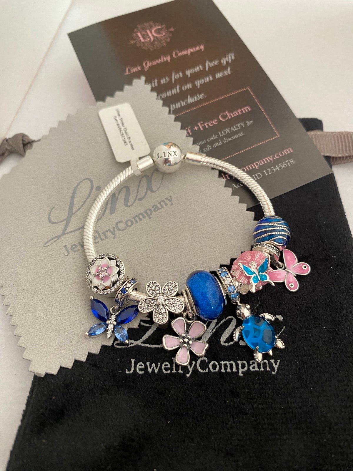 Linx Snake Chain Bracelet with Pink and Blue Themed Charms 925 sterling silver
