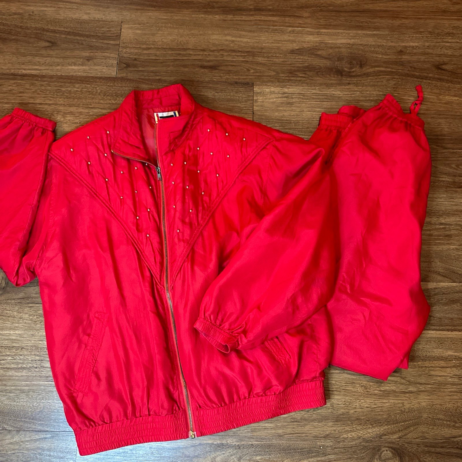 VTG EVR Women’s Red Track Suit W Studs Pants Jacket Size Med. 100% Silk