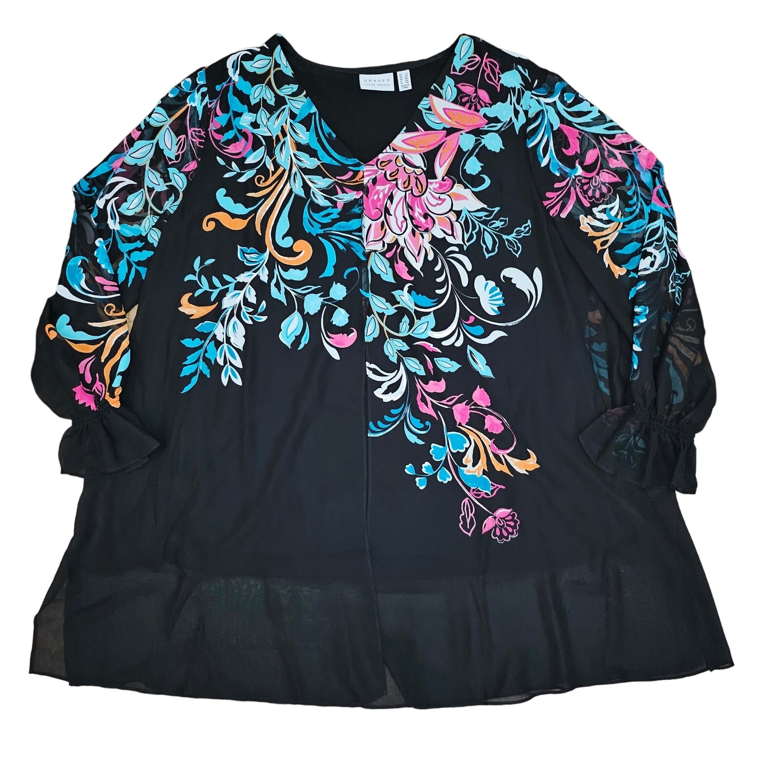 GRAVER Susan Graver Flowy Chiffon Tunic Blouse Top Plus Size 2X Black Floral