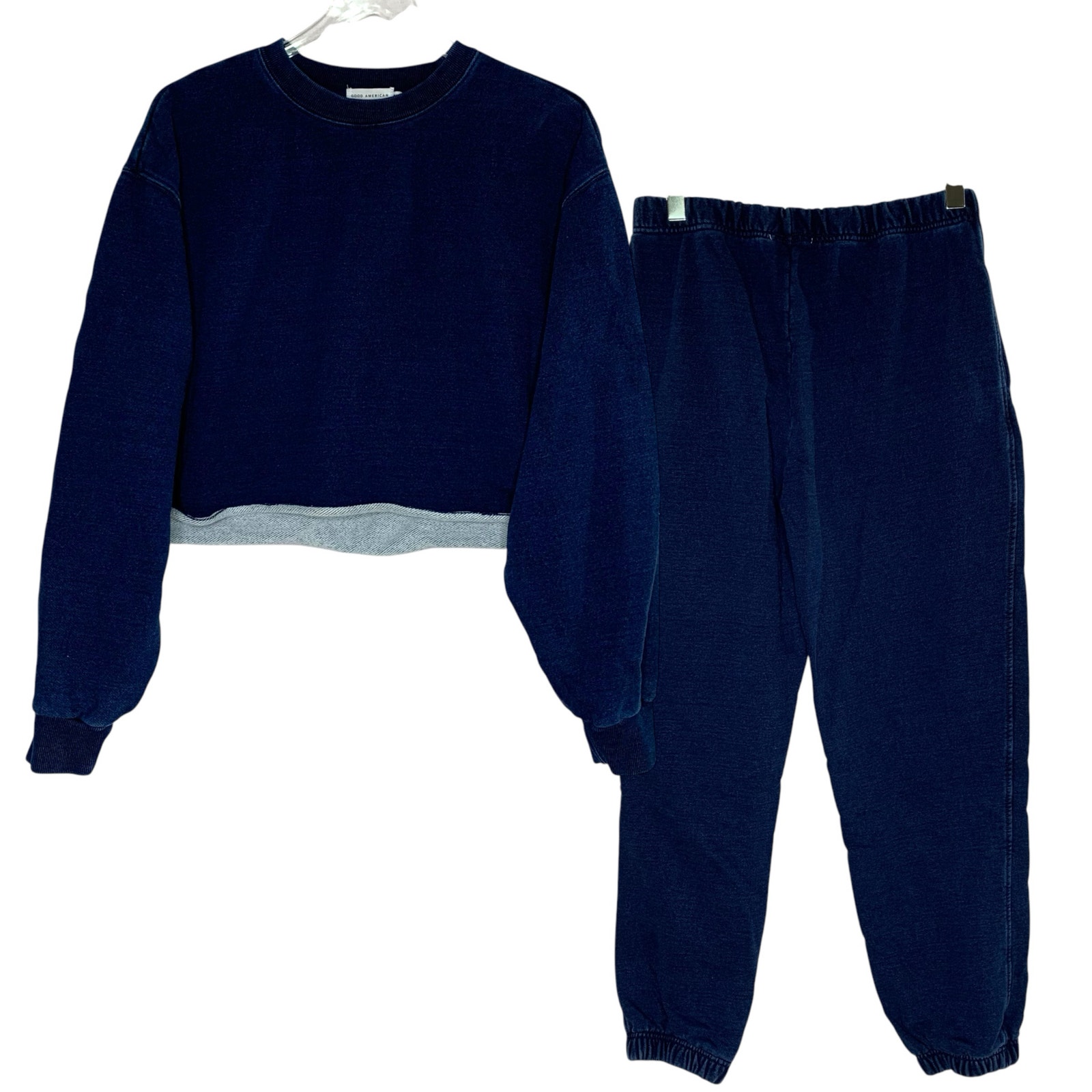 Good American L Cropped Baggy Sweatshirt Pants Set Blue Cotton