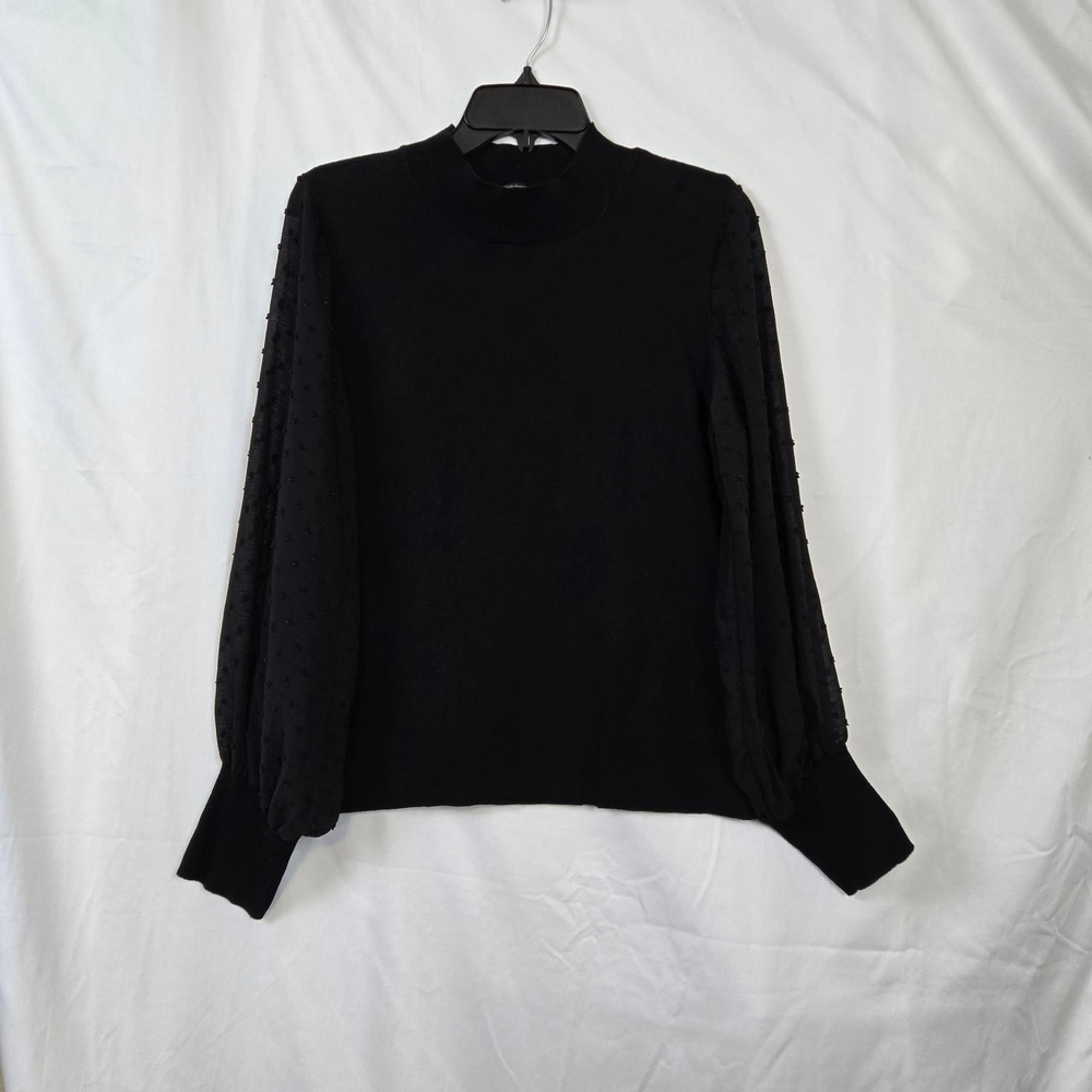 Vince Camuto Womens Black Mock Neck Long Chiffon Swiss Dot Sleeves Sweater Top L