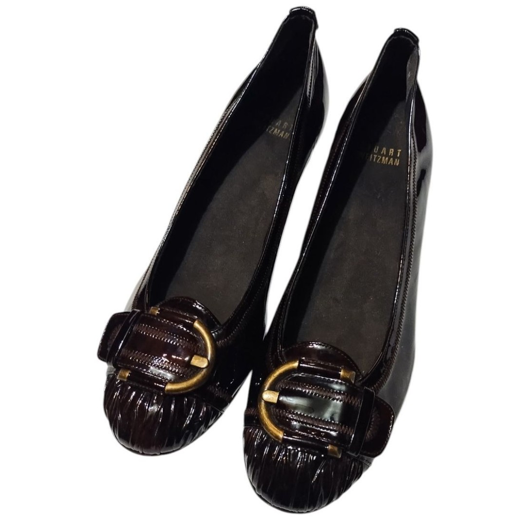Stuart Weitzman Tortoise print Patent Leather Wedge W/ Round Gold Buckle Sz 9.5