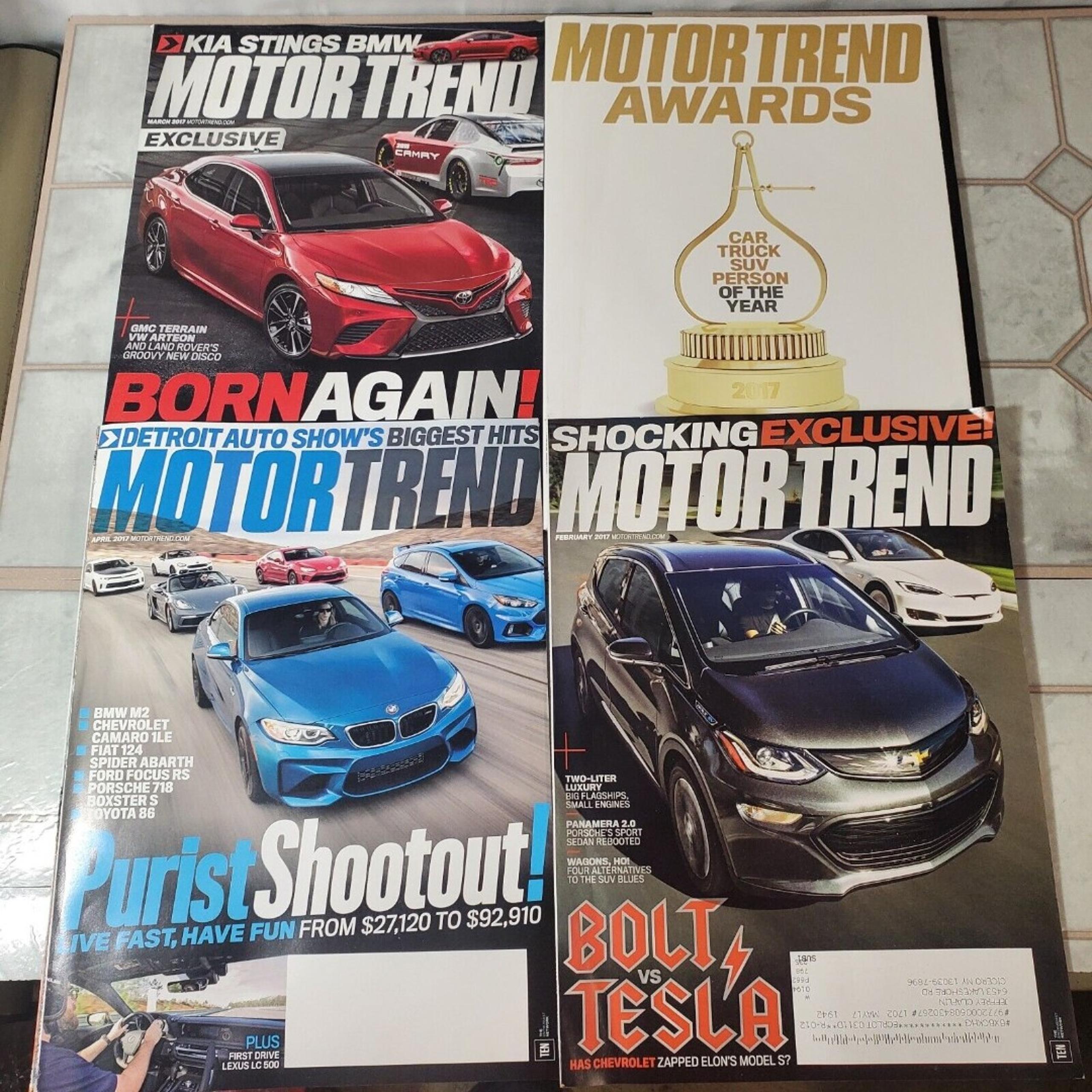 Lot of (4) Motor Trend Magazines 2018 Camry & NASCAR Racer Bolt vs Tesla