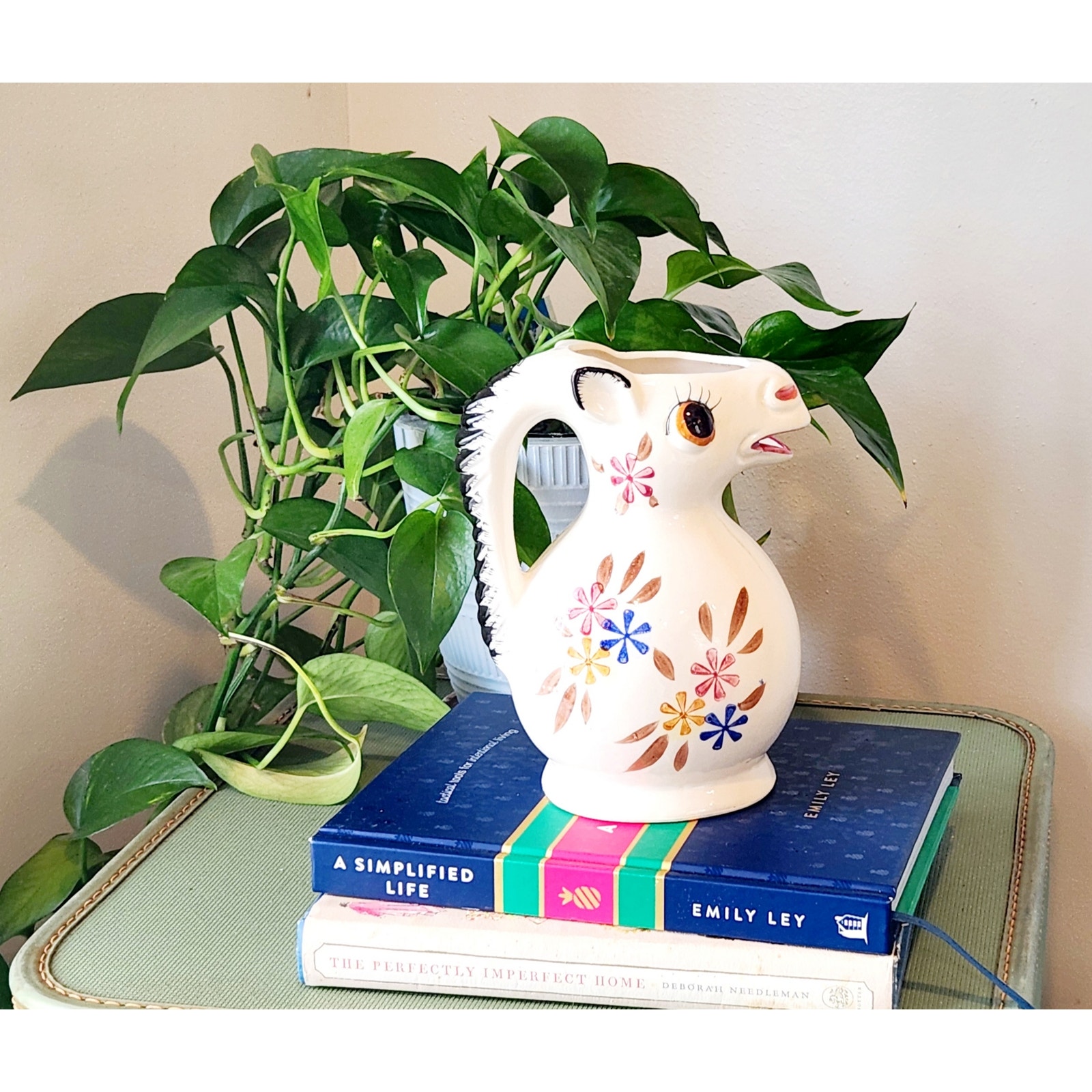Vintage White Horse Pitcher Vase Japan Floral Ceramic Kitsch Farmhouse Decor
