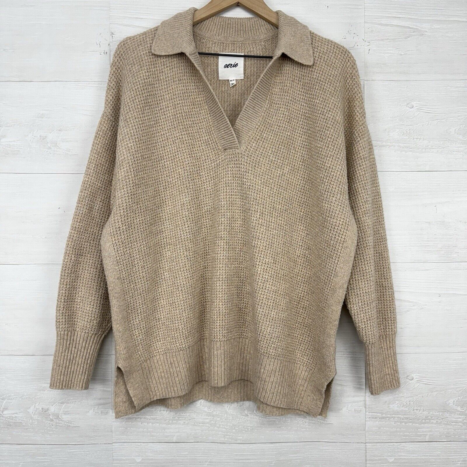 Aerie Cozy Up Waffle Knit Polo Sweater Women XS in Heather Fawn Beige Oversized