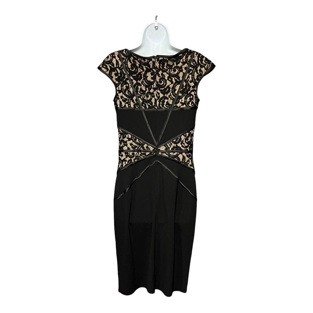 Tadashi Shoji Black Lace Satin Capped Sleeves Sheath Dress Cocktail LBD Knee