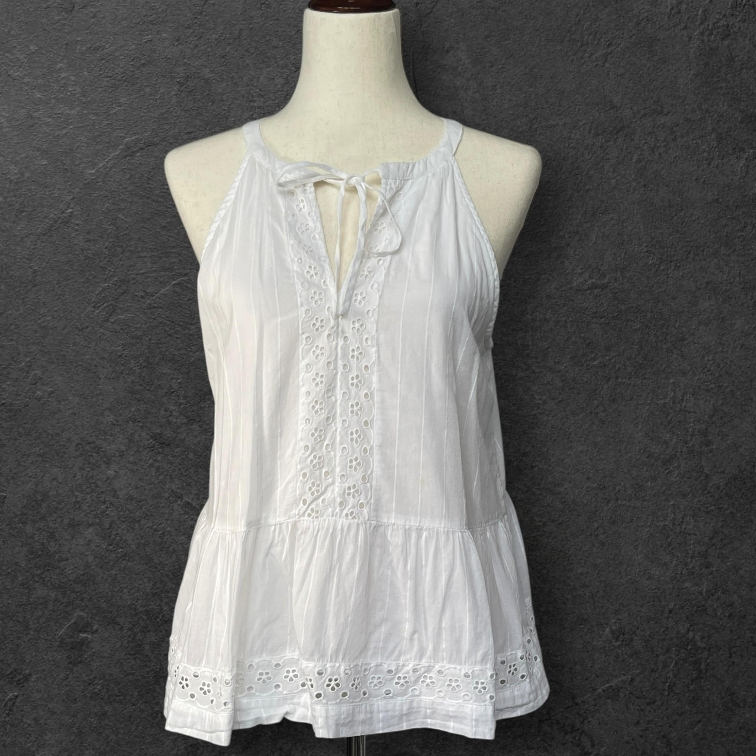 LOFT Eyelet Halter Top Sleeveless Tie Neck White Blouse Summer Size S Peplum Hem