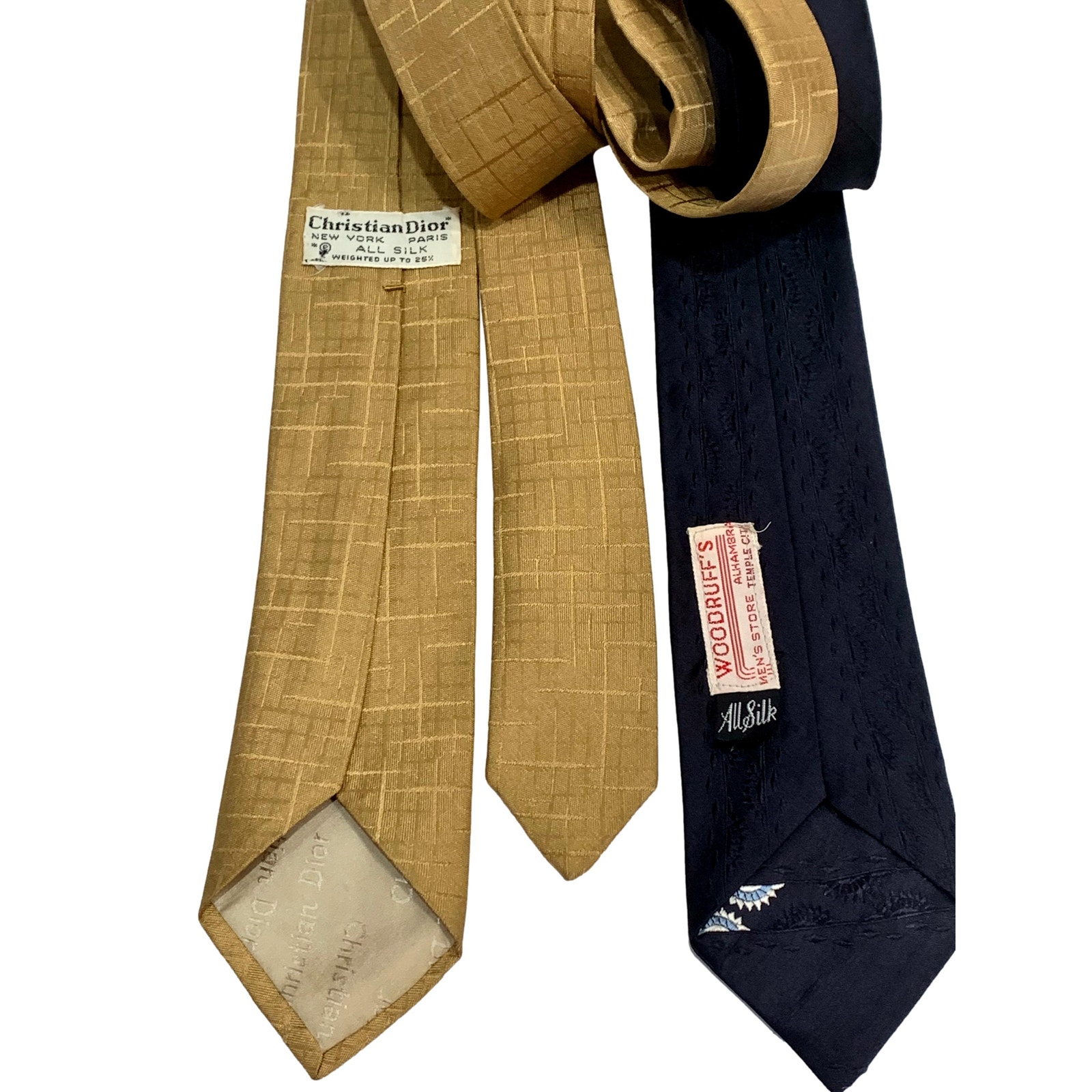 50s Rockabilly Skinny Silk Neckties | Lot 2 Gold Dior & Blue Jacquard