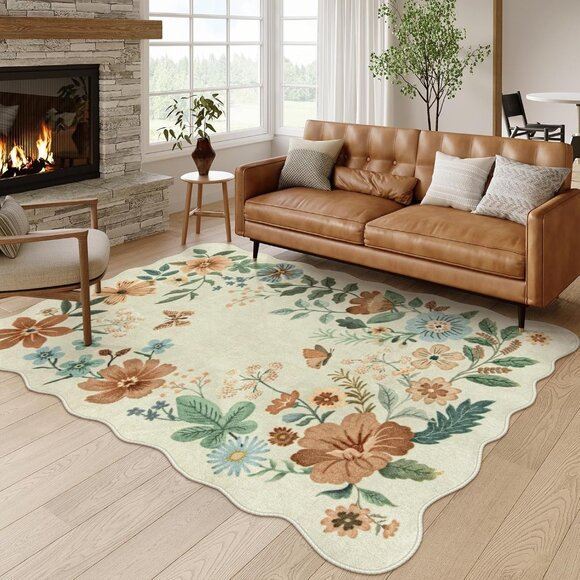 5x7 Beige Floral Area Rug, Ultra-Thin Washable Non-Slip Carpet for Room Decor