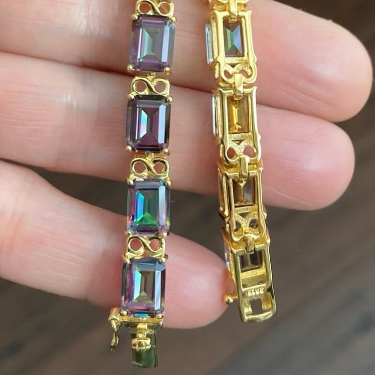 HUGE RAINBOW FIRE MYSTIC TOPAZ 24K YELLOW GOLD OVER 925 STERLING SILVER BRACELET