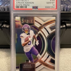 Jordan Addison 2023 Panini Select White Prizm Premier SSP /35 PSA 10