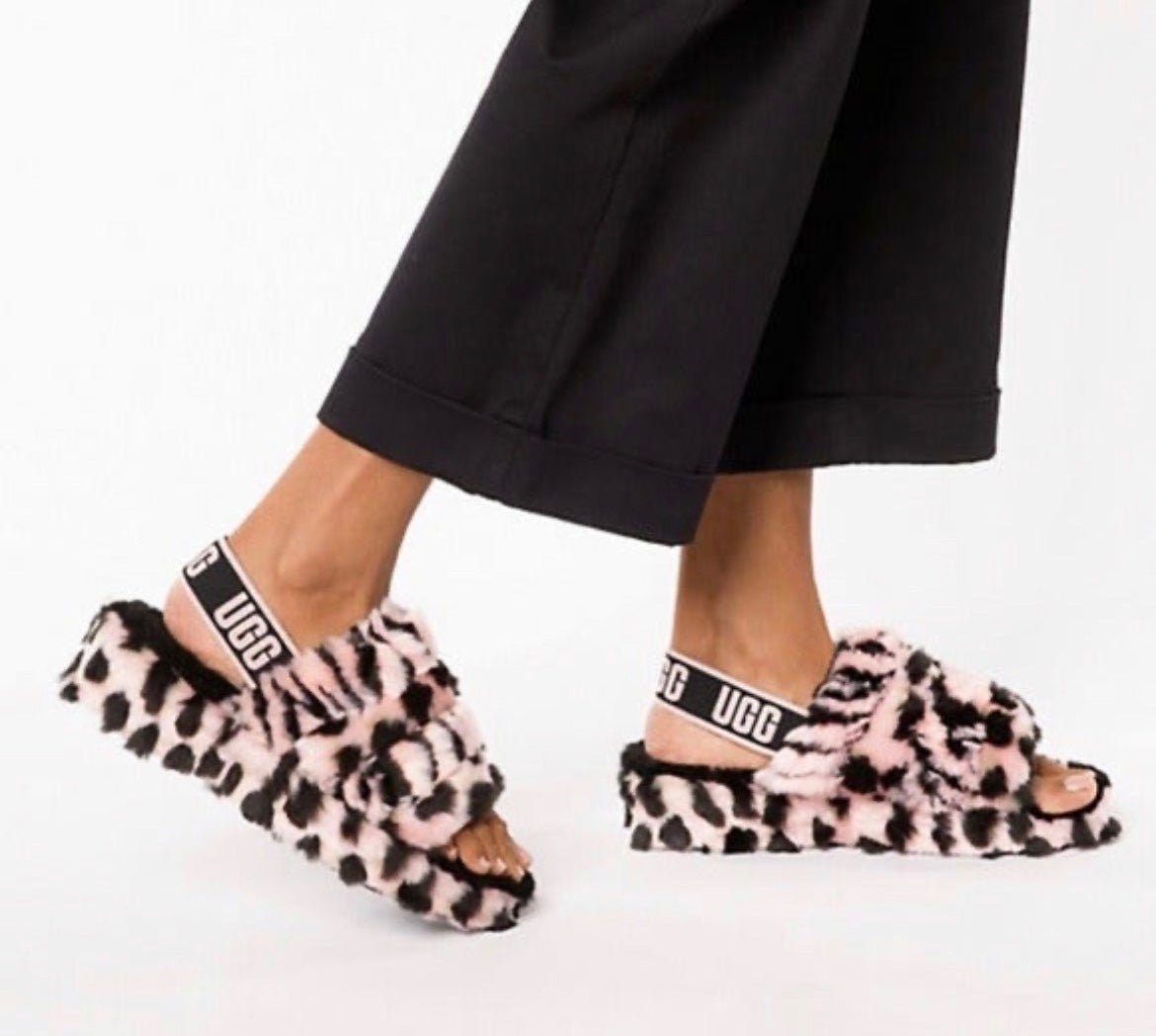 New UGG Women's Fluff Yeah Animalia Slide Faux Fur Slippers Pink Black