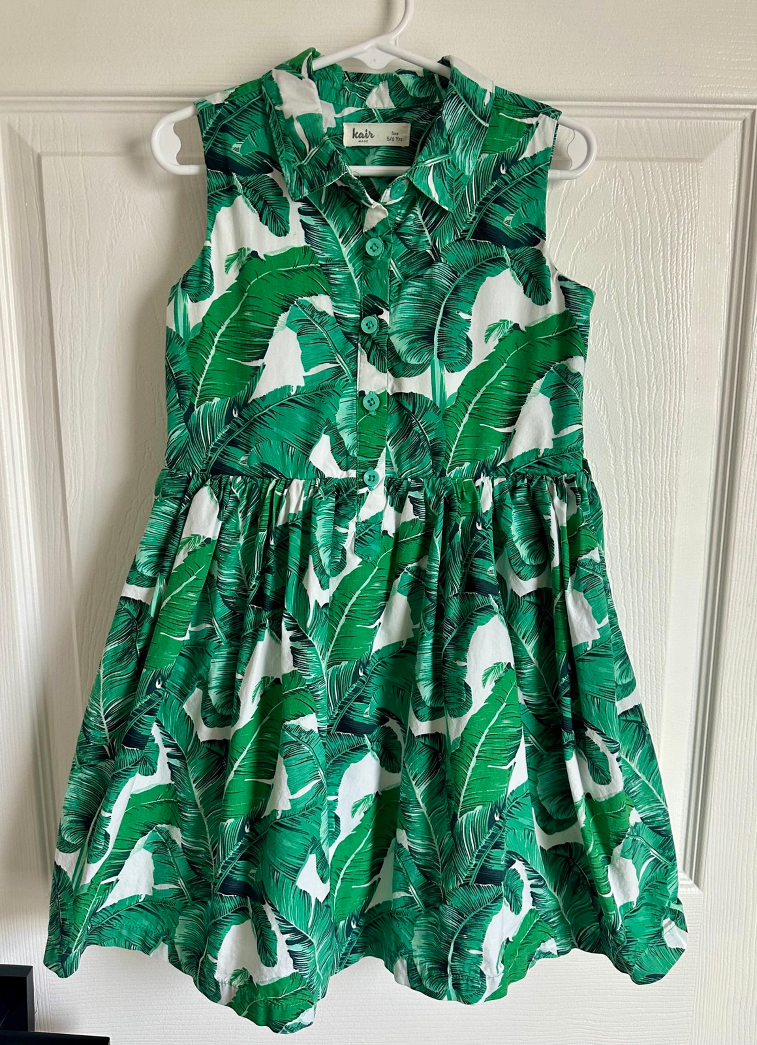 Kair Toddlers Dress Size 5-6 Green Palm Leaves 100% Cotton Girl Dress