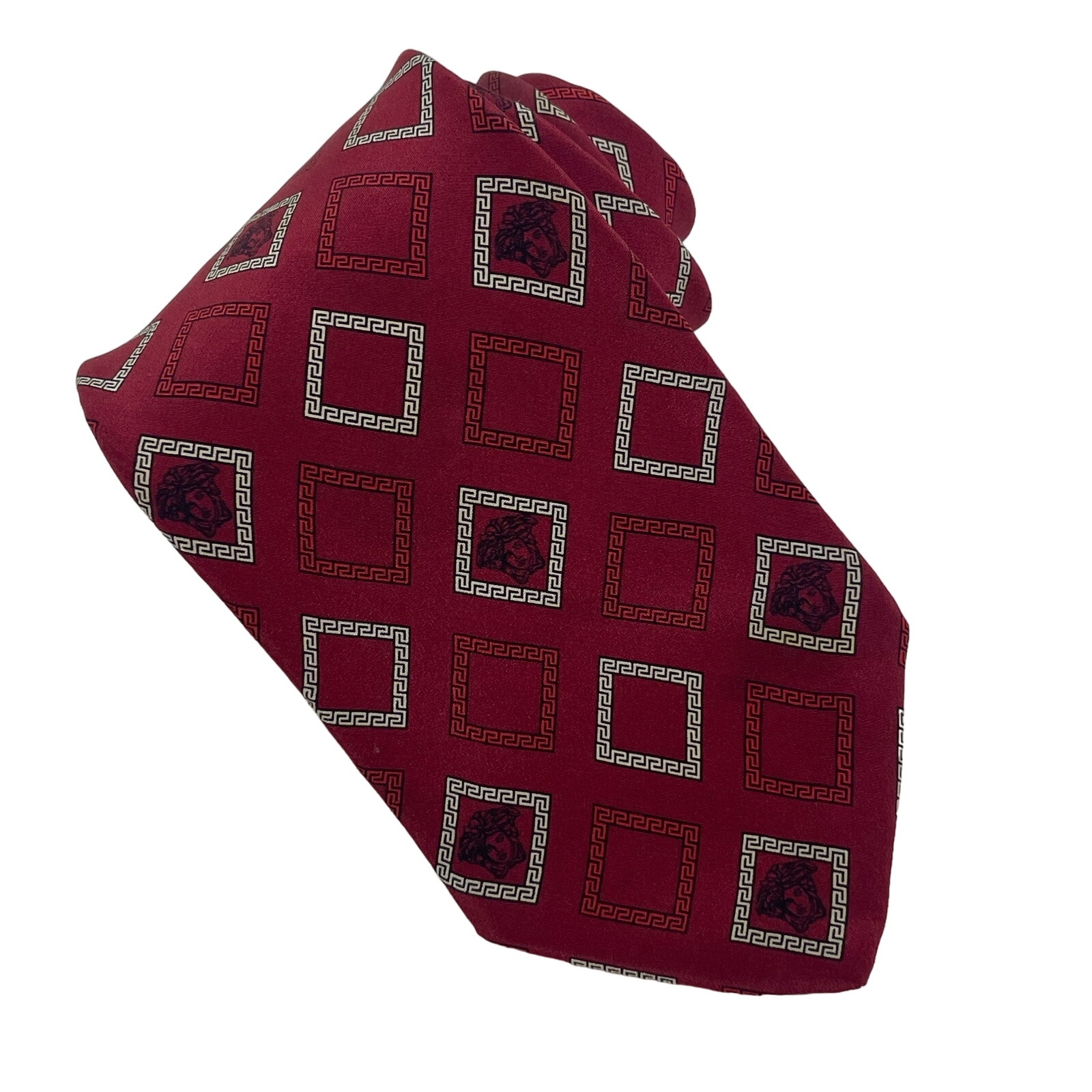 Versace Necktie Italy Vintage Medusa Maroon Black White Squares Tie Designer