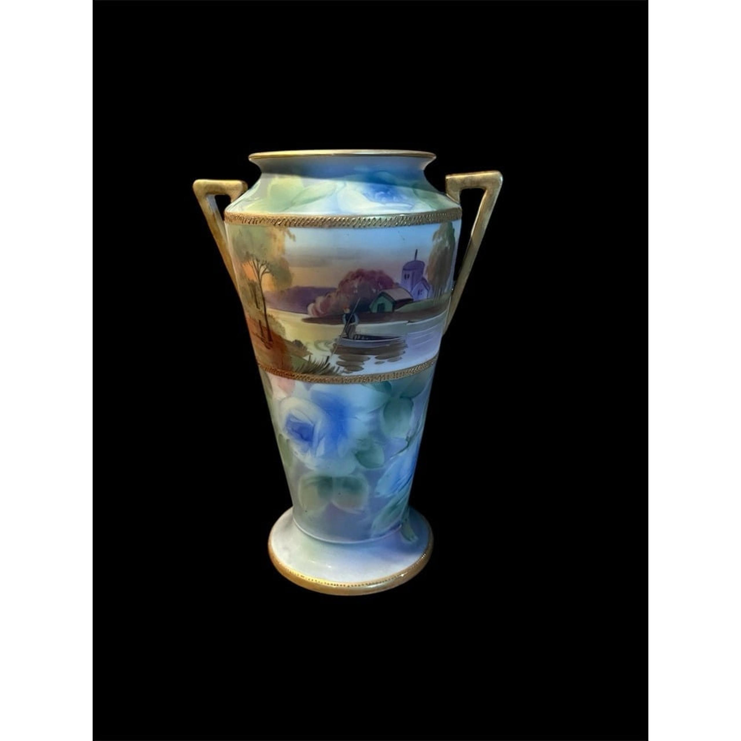 Nippon Hand Painted Double Handled Floral Scenic Boat Vase Vintage (T45)