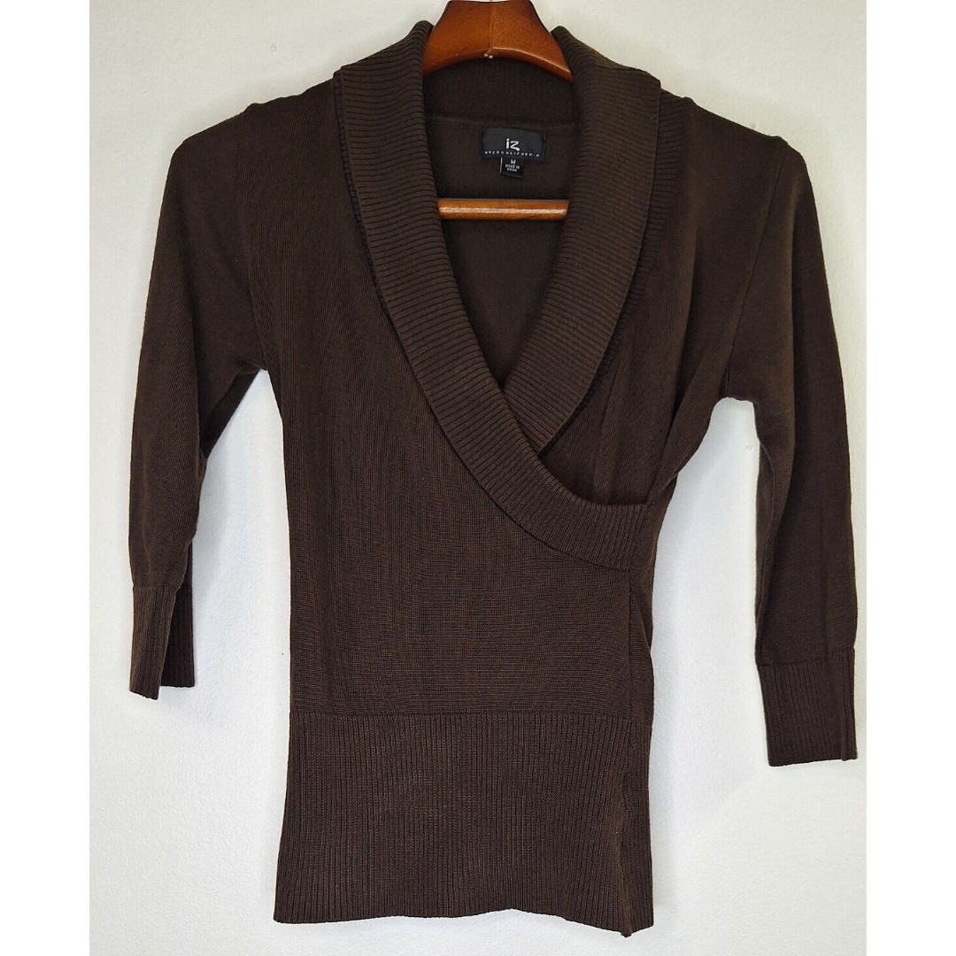 Y2K IZ BEYER Wrap Front Sweater Top Women's Sz M 3/4 Sleeve School Girl Dressy
