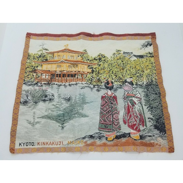 JAPANESE SILK EMBROIDERY Tapestry Kyoto Kinkakuju Zen Temple Geisha Women