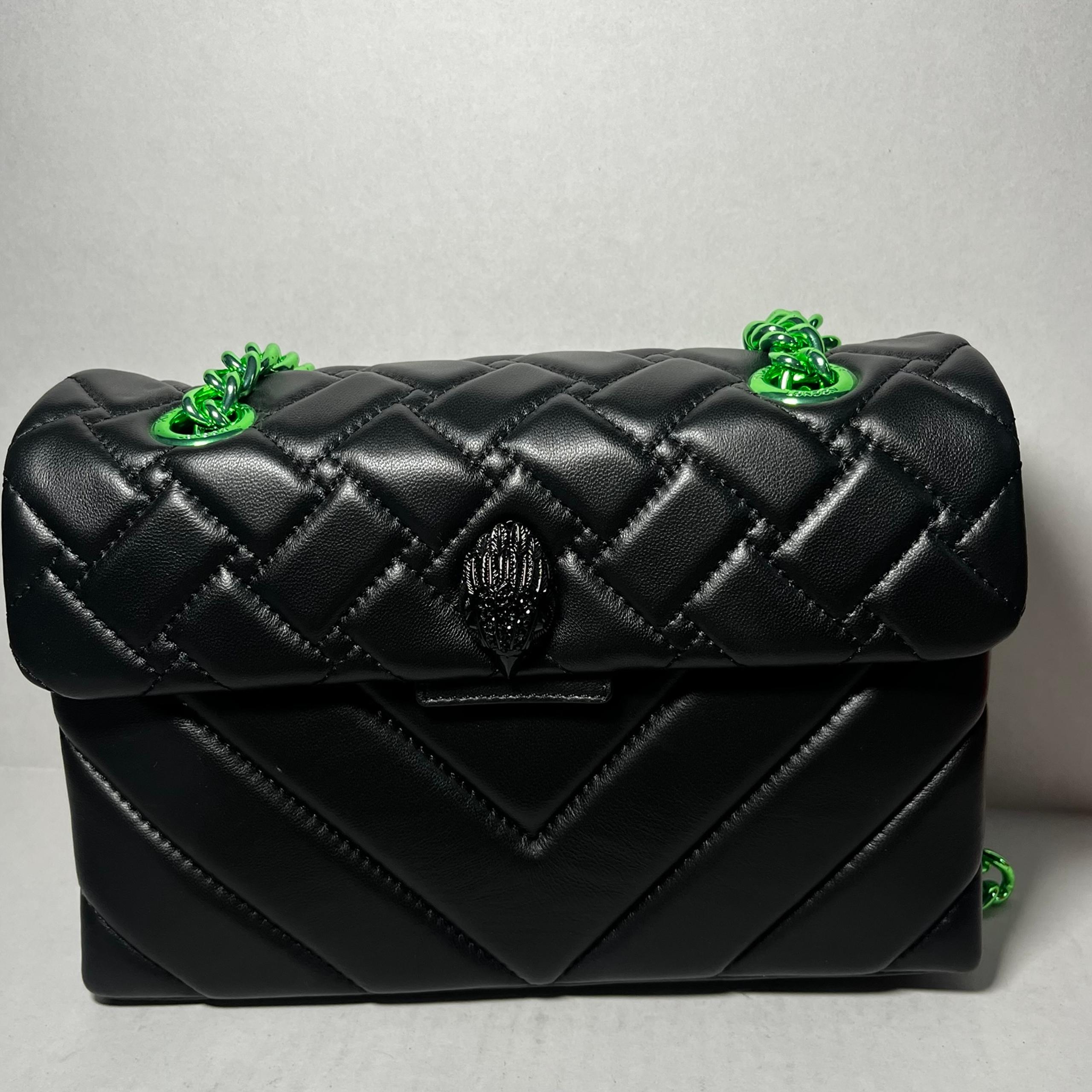 Kurt Geiger London Kensington Bag Black Quilted Leather Crossbody Green Chain