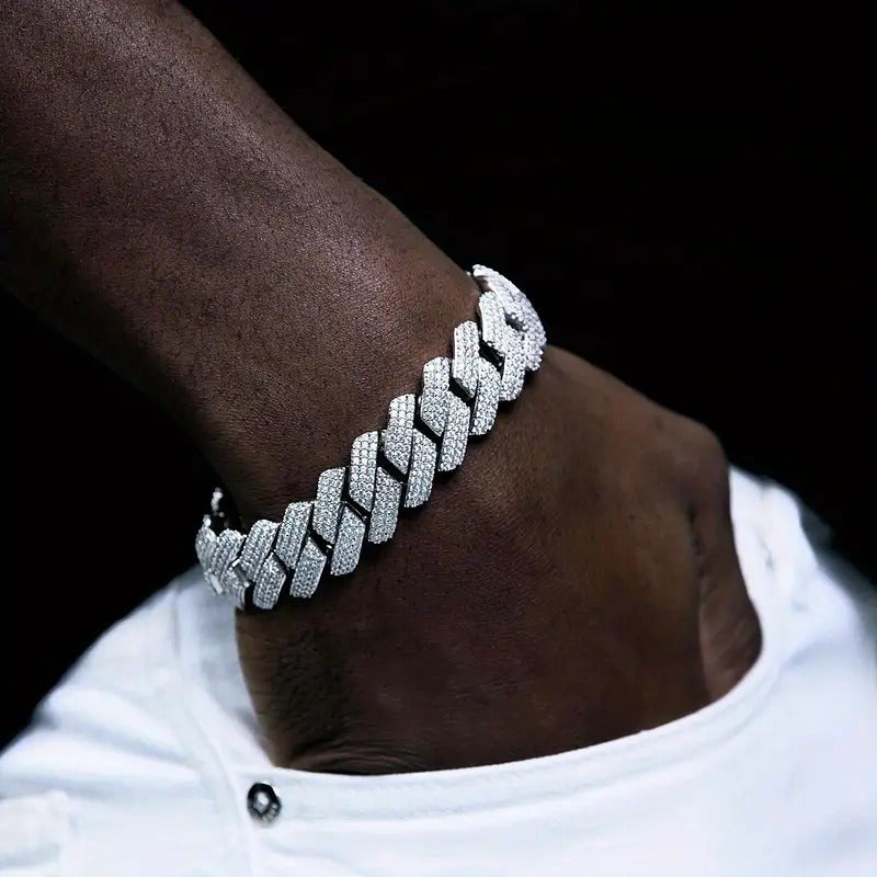 PREMIUM HIP HOP LAB DIAMOND ICED BRASS CUBAN CHAIN SILVER PLATED 20mm 8 BRACELET