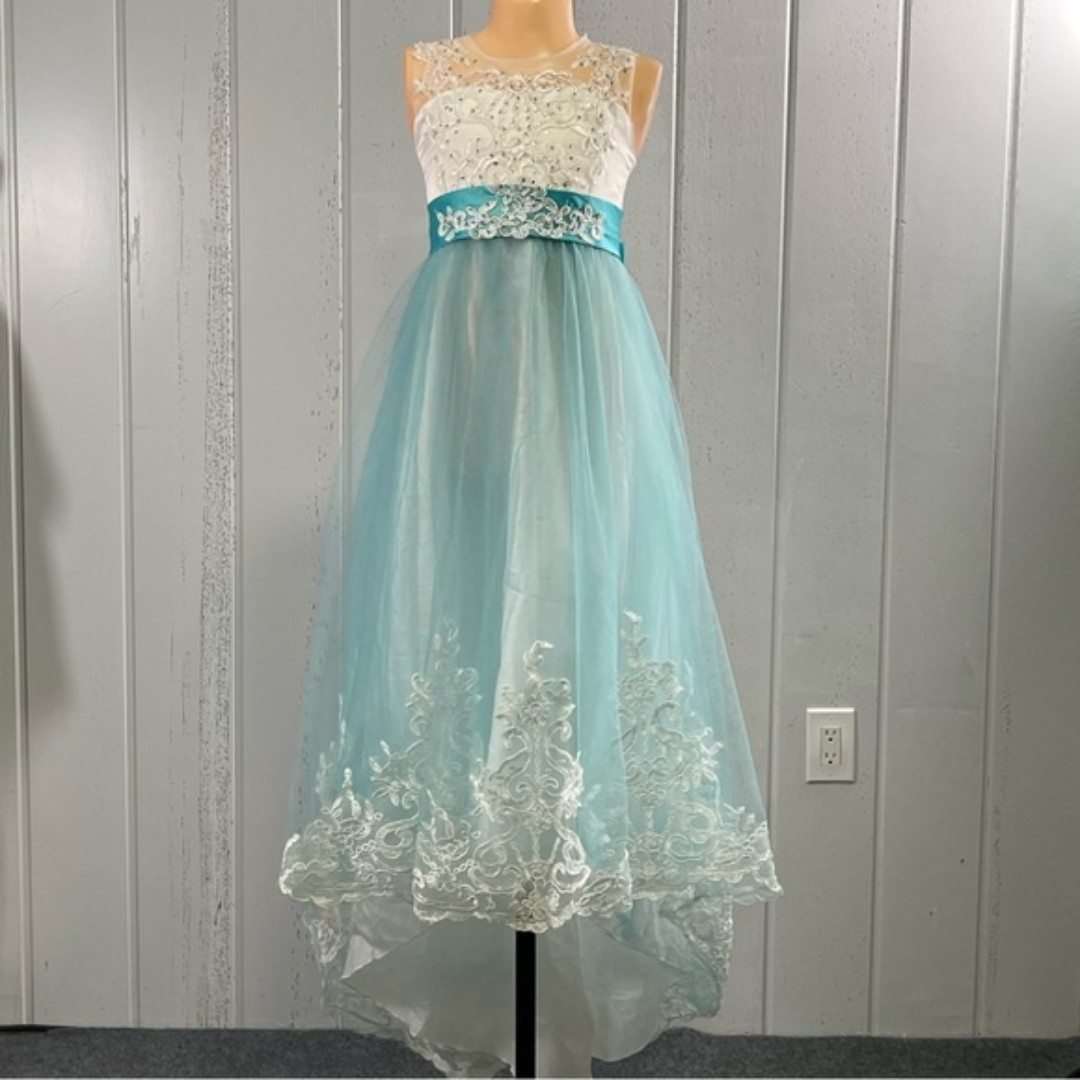 *Girl's Teal & White Flower Girl /Ball Gown Dress Sz 10