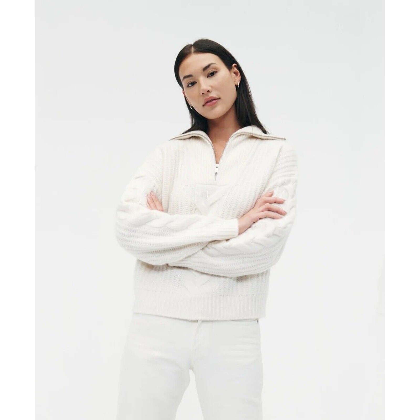 NWOT Naadam Cashmere Wool Casmino White Cream Cable Knit Quarter Zip Sweater XS