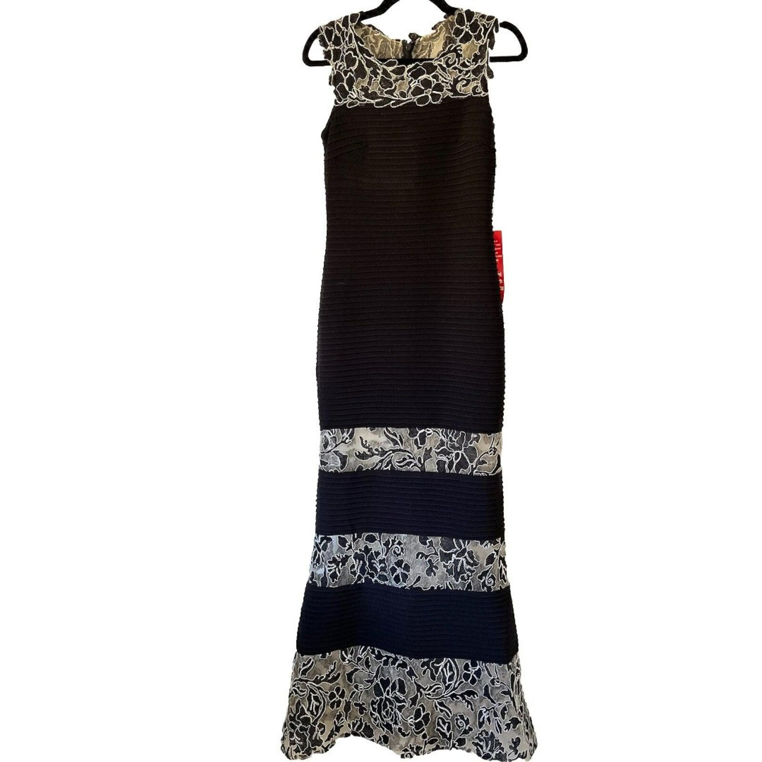 Betsy & Adam Maxi Dress Gown Tiered Black Embroidered Prom Wedding Black Tie 6