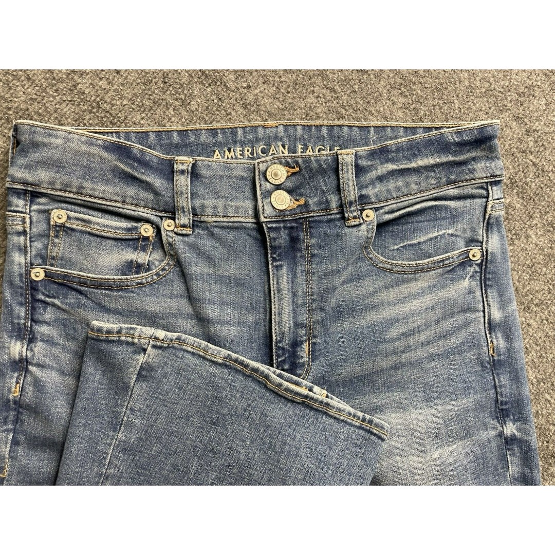 American Eagle Jeans Womens 10 Blue Hi Rise Artist Flare Long Stretch Light Wash