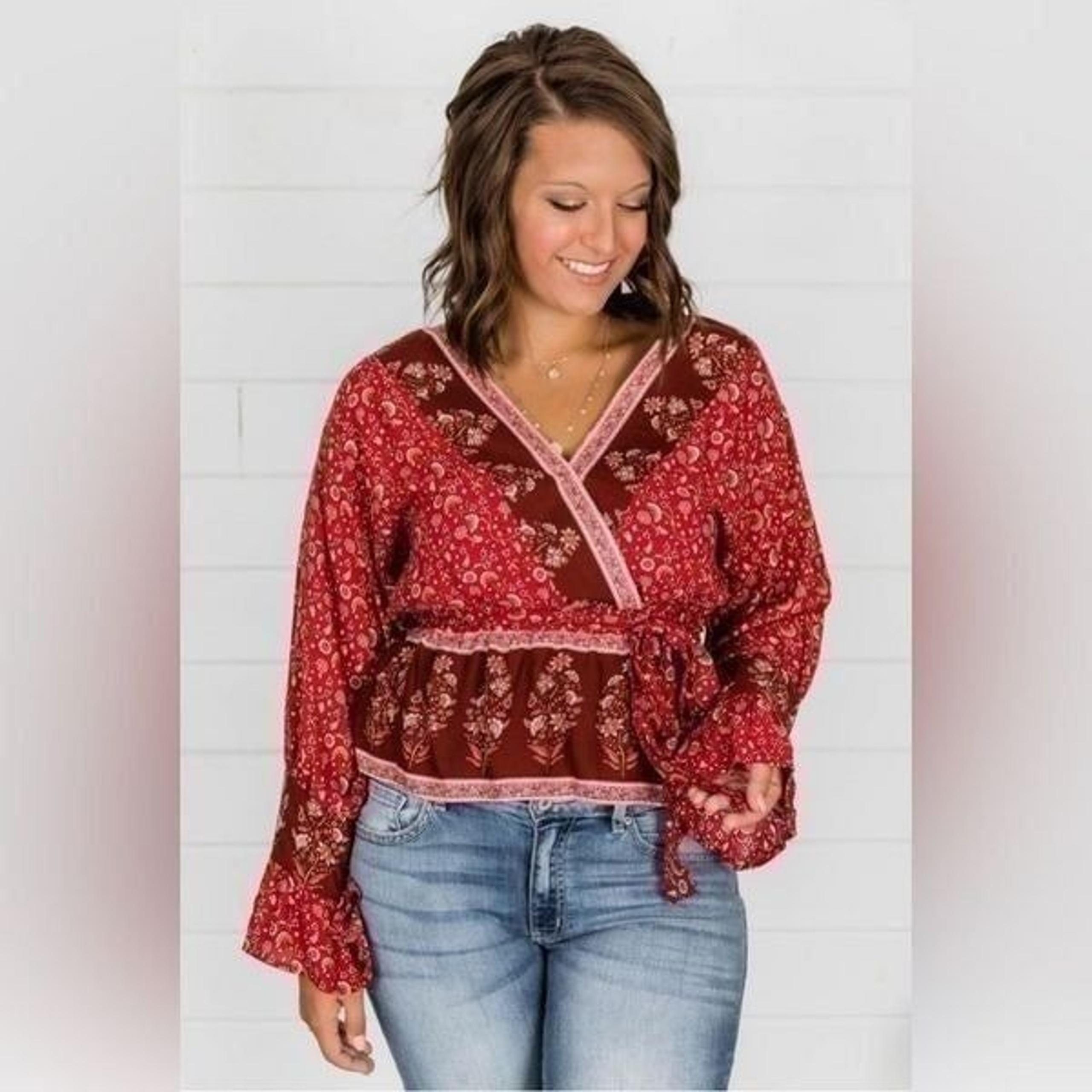 Pink Lily So Indecisive Floral Dark Red Blouse