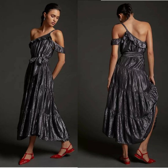 Anthropologie Maeve Ruffled One-Shoulder Midi Dress SIZE M shine black color