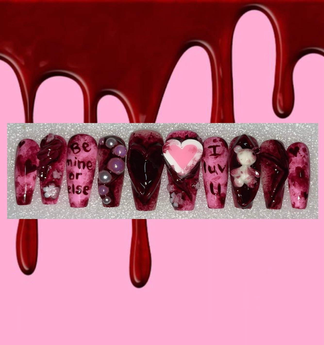 Valentines Pink Horror Gore Bloody long coffin Press on nails