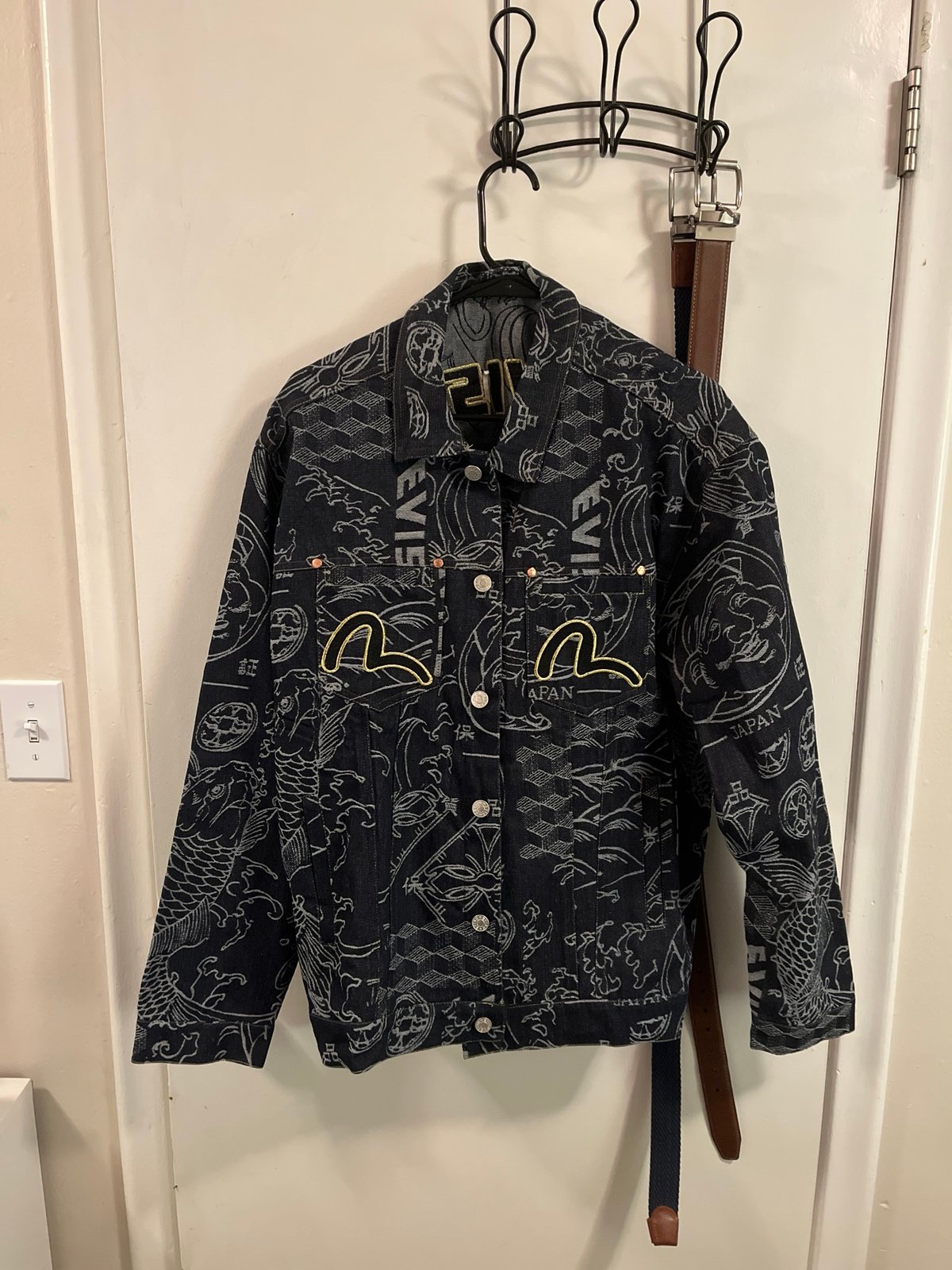 EVISU ALLOVER JAPANESE PATTERN JACQUARD DENIM JACKET