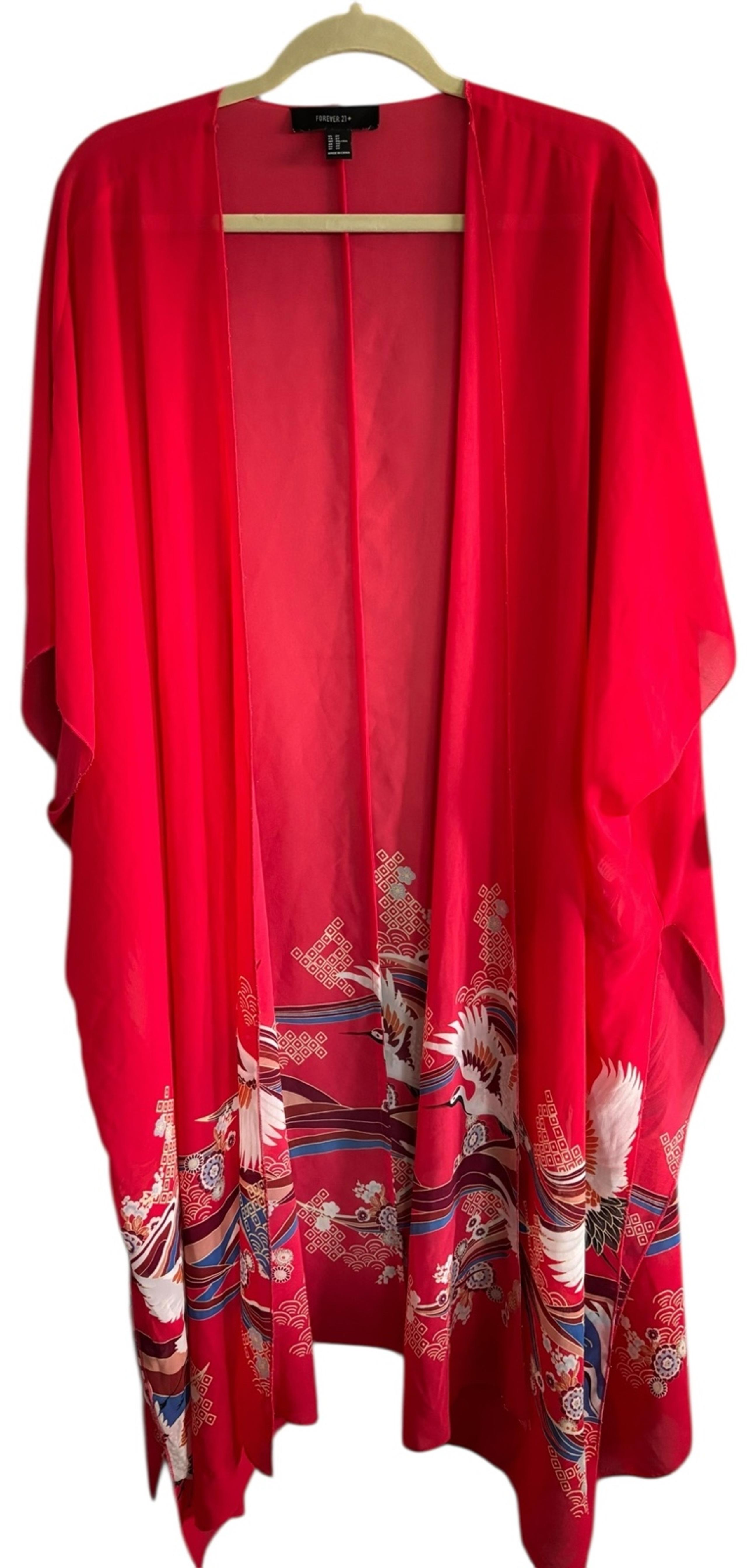 Forever 21 + Kimono 2X Cover Up Red Sheer Birds Oversized Beach Pool Tropical