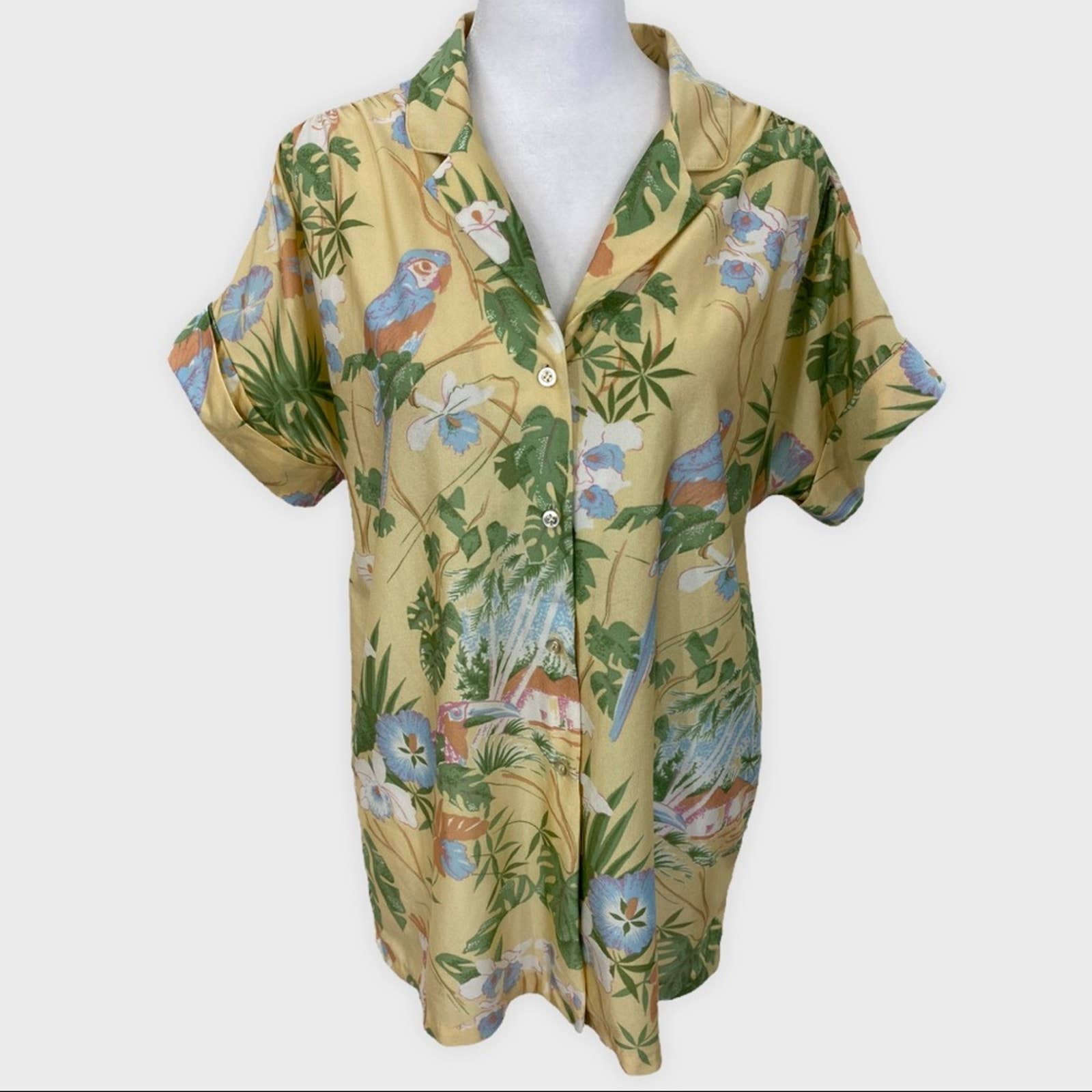 Vintage Pale Yellow Bird Palm Tree Hawaiian Coconut Girl Button Down Size 12