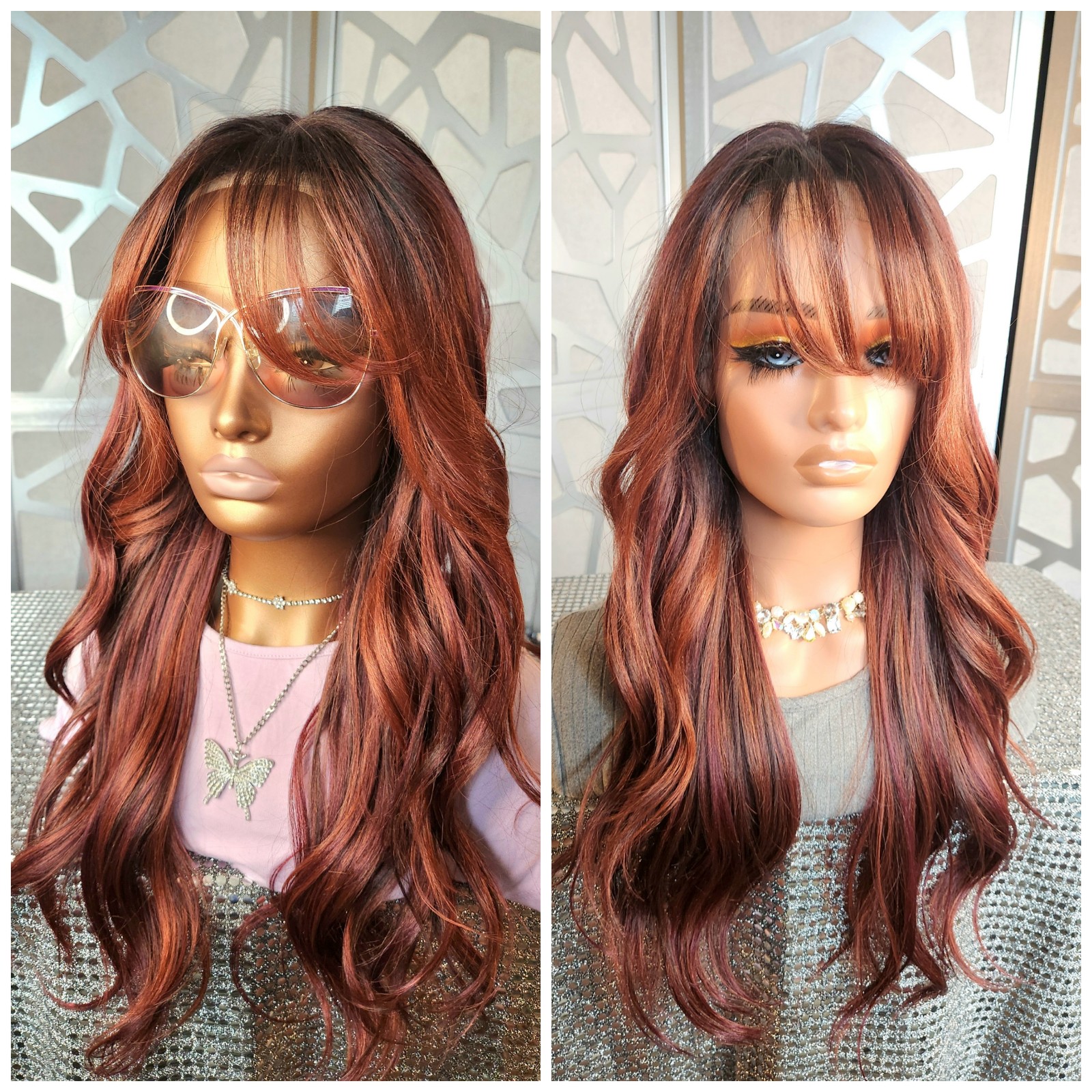Long Red Wig with Bangs Red Wavy Wig Red Ginger Wig FreeParting Lace Wig 13x6
