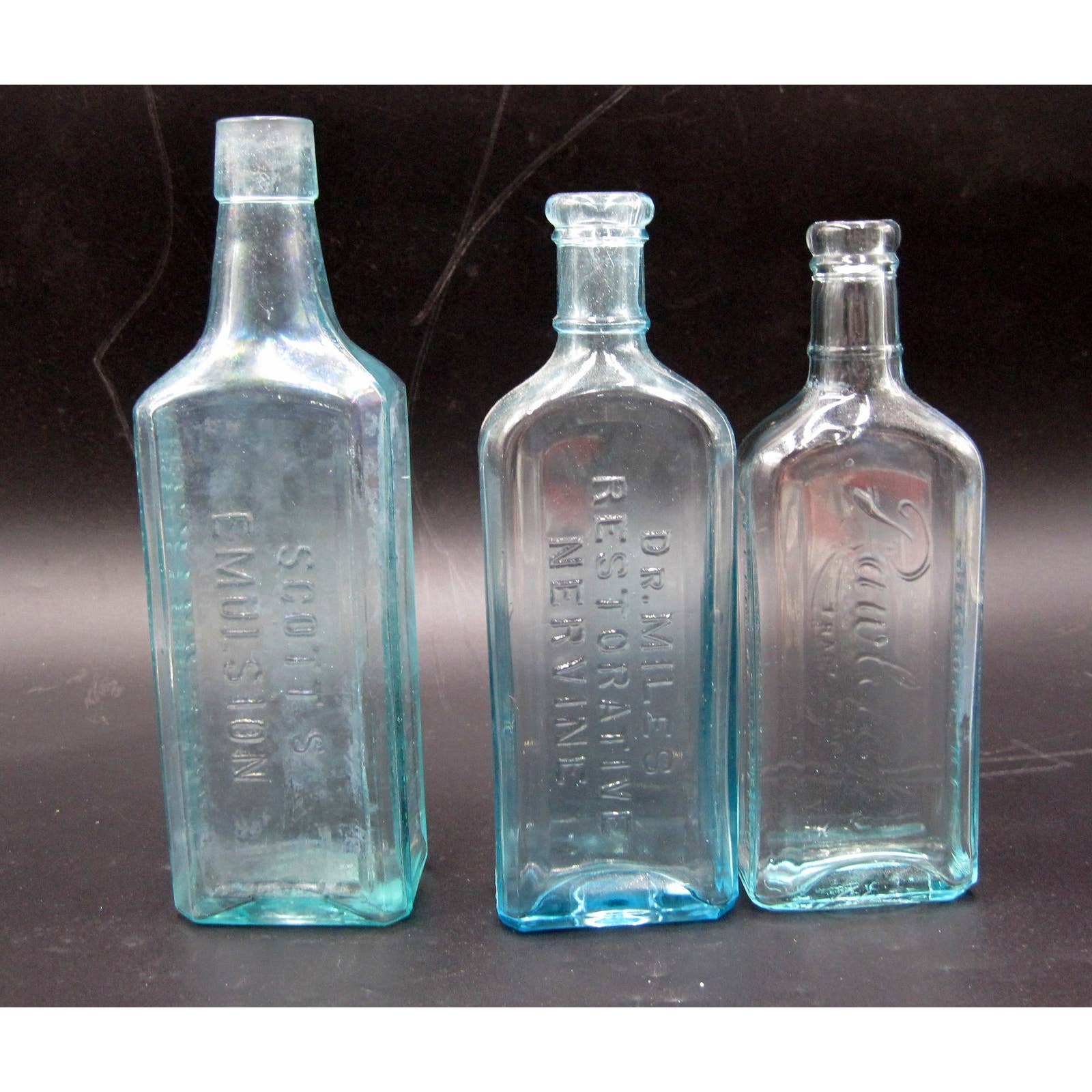 VTG Lot 3 - Aqua Glass Bottles Scotts Emulsion Cod Liver Oil, Nervine, Rawleighs