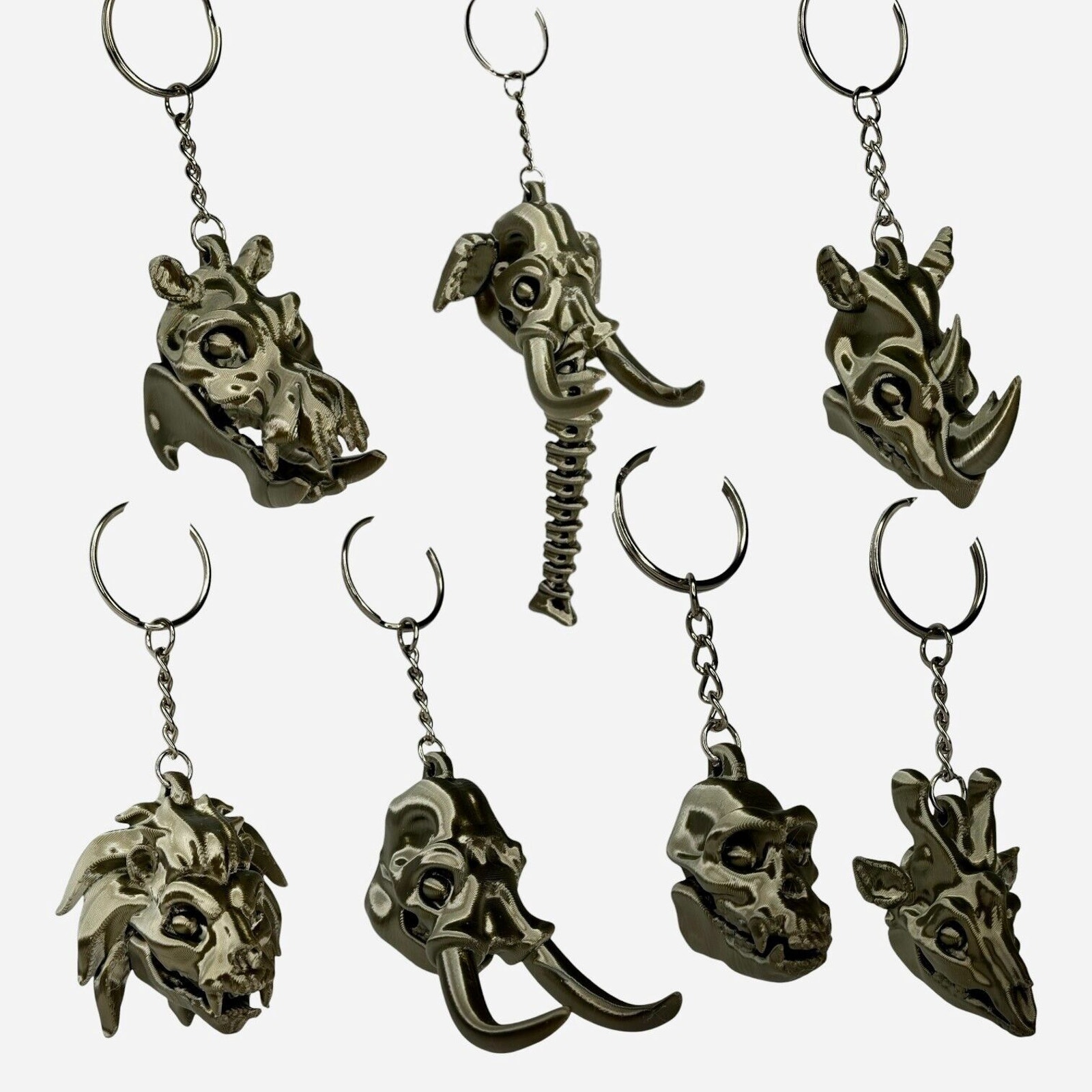 Set of 7 Animal Skeleton Keychains Gothic Metallic Wildlife Skull Accessories