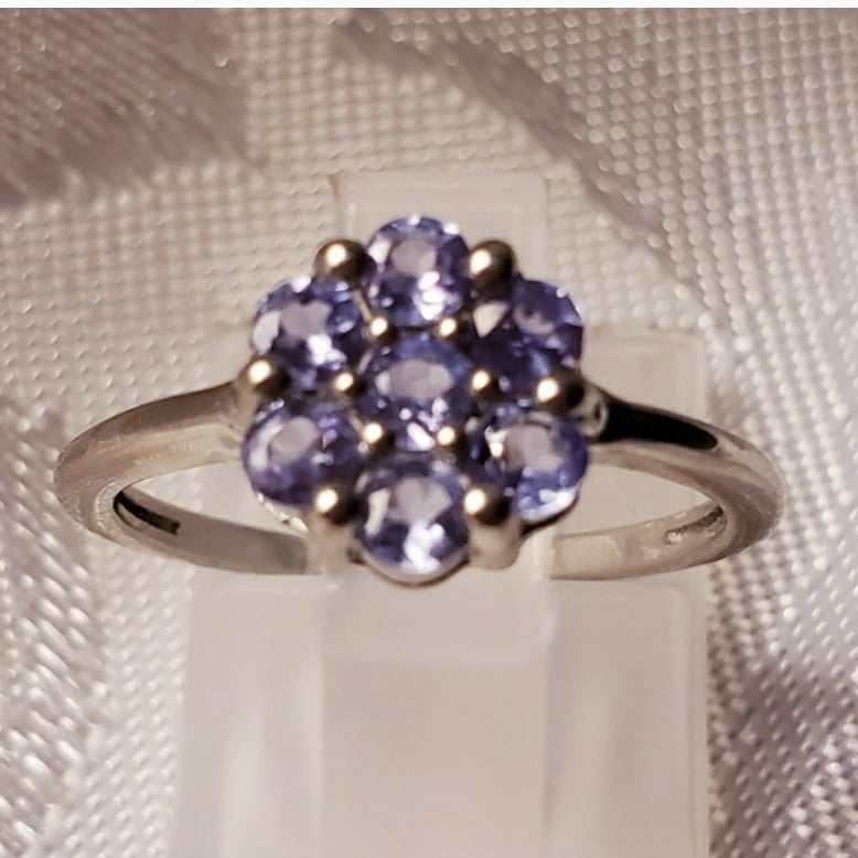 Petite floral authentic Tanzanite ring in Platinum over Sterling Silver