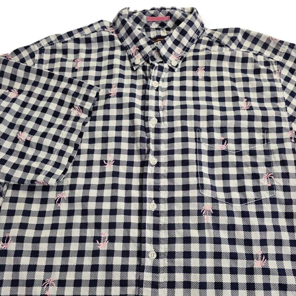 Reyn Spooner Pink Palm Trees Navy Shepherd Check Button Down 100% Cotton Shirt