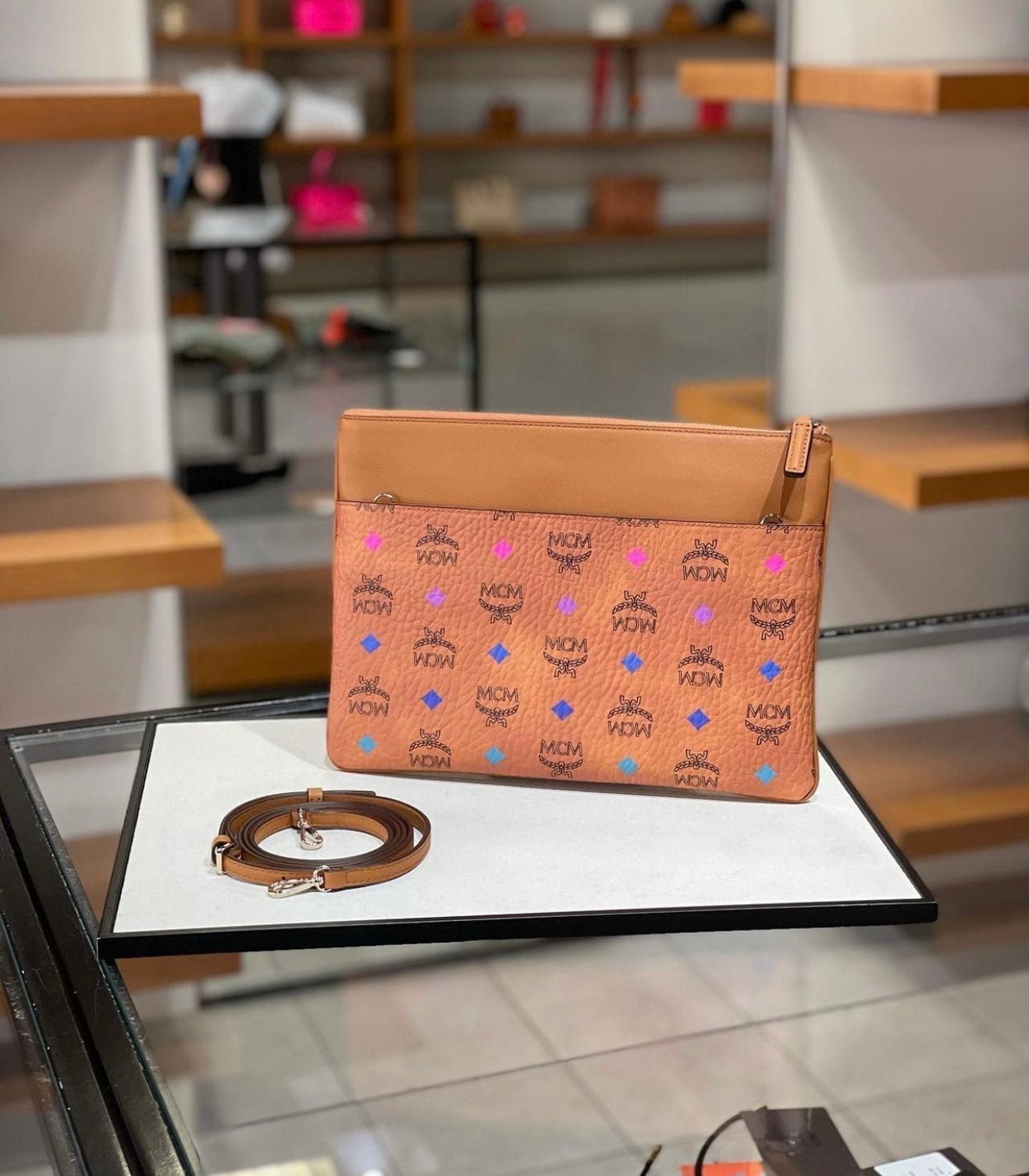 Price firm! MCM medium size cognac crossbody pouch 470+ tax