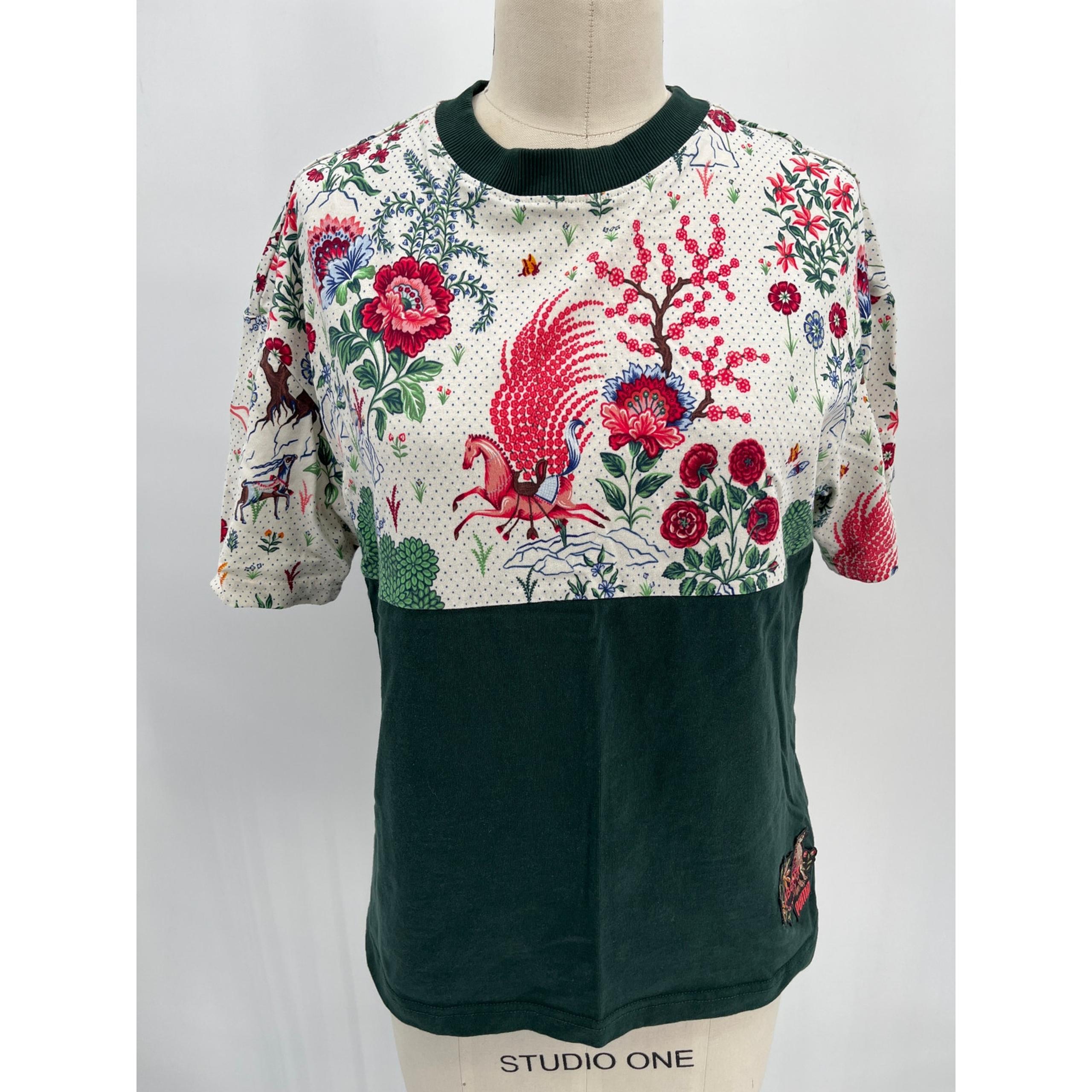 Puma x Liberty Women's AOP Colorblock T-Shirt Sz S Green Beige Horse Tree