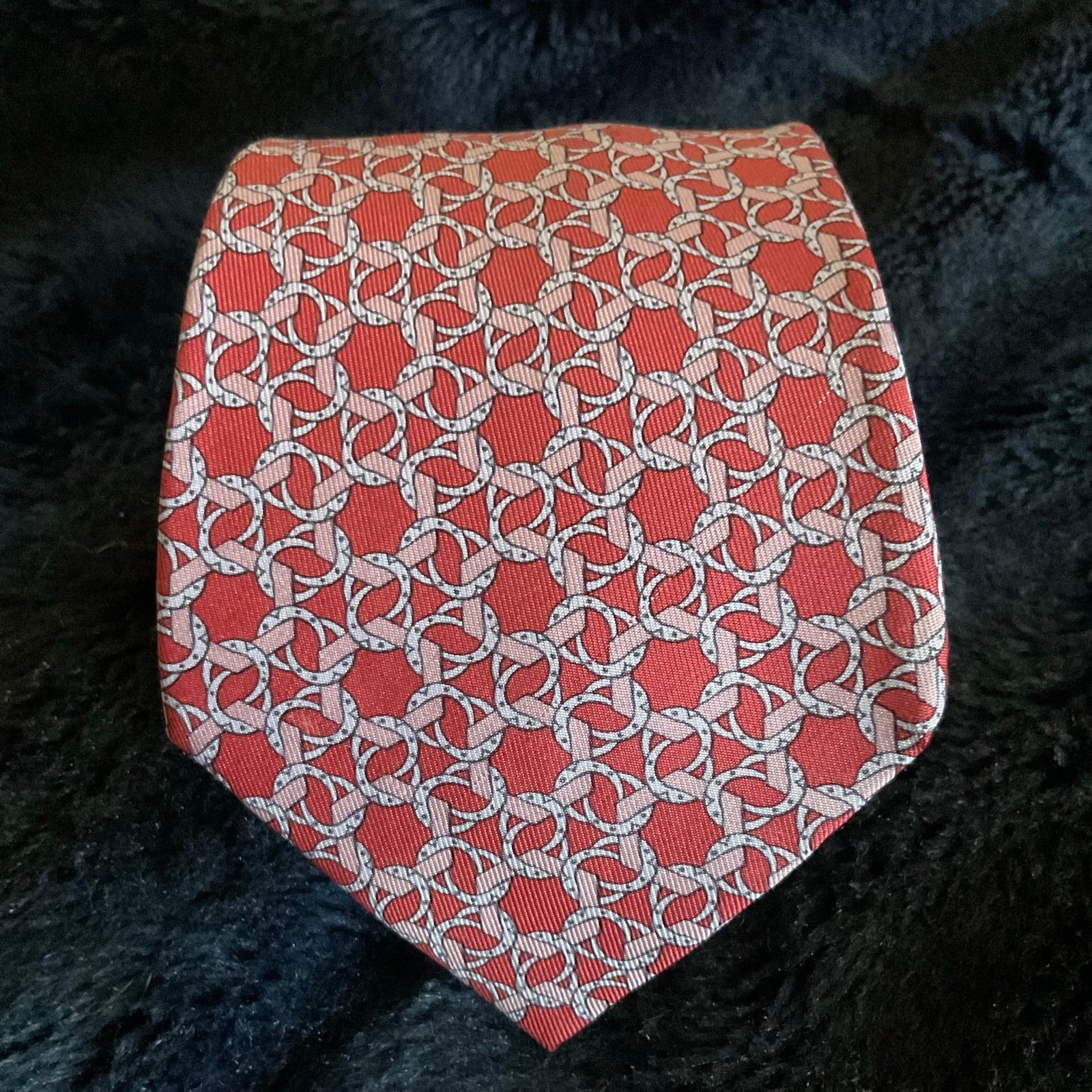 Authentic Hermes Paris Silk Tie Equestrian Print Red 64” x 3.5”