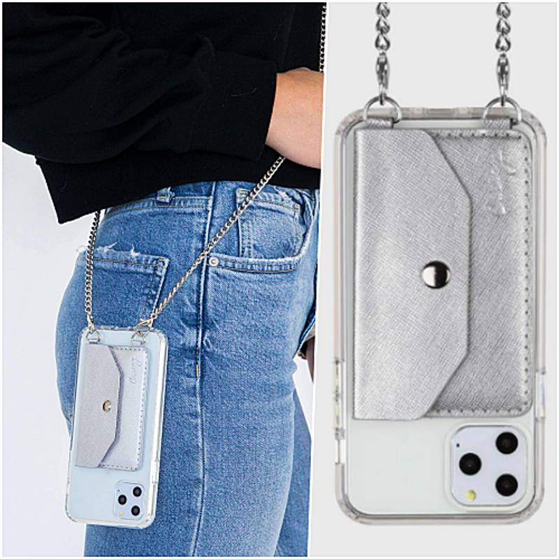 Free People Crossbody Phone Pocket Wallet Silver Leather Metallic Chain