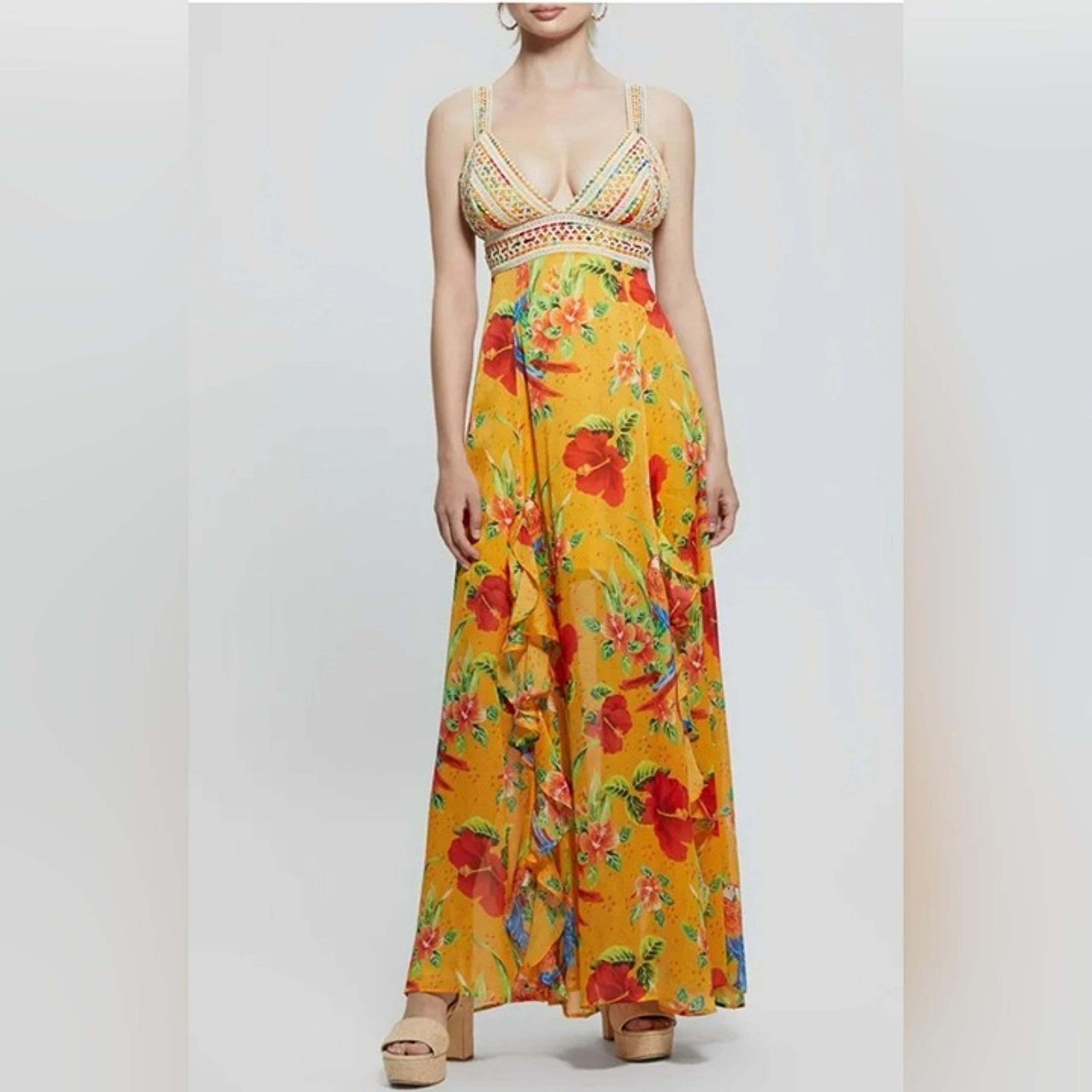Guess Serena Floral Parot Paradise Print Maxi Dress with Strappy Details Size M