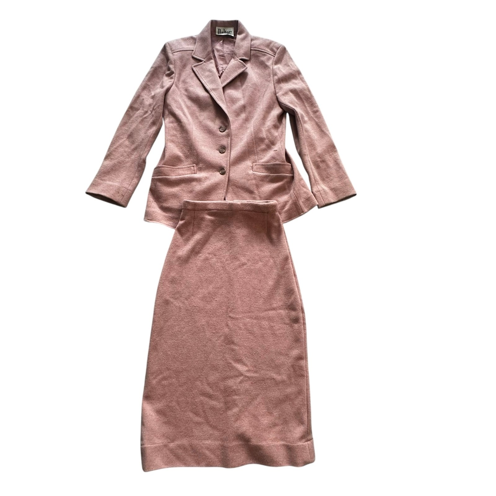 Women’s Dalton 70s Vintage Pink 2 Piece Wool Skirt Suit Blazer Size 14